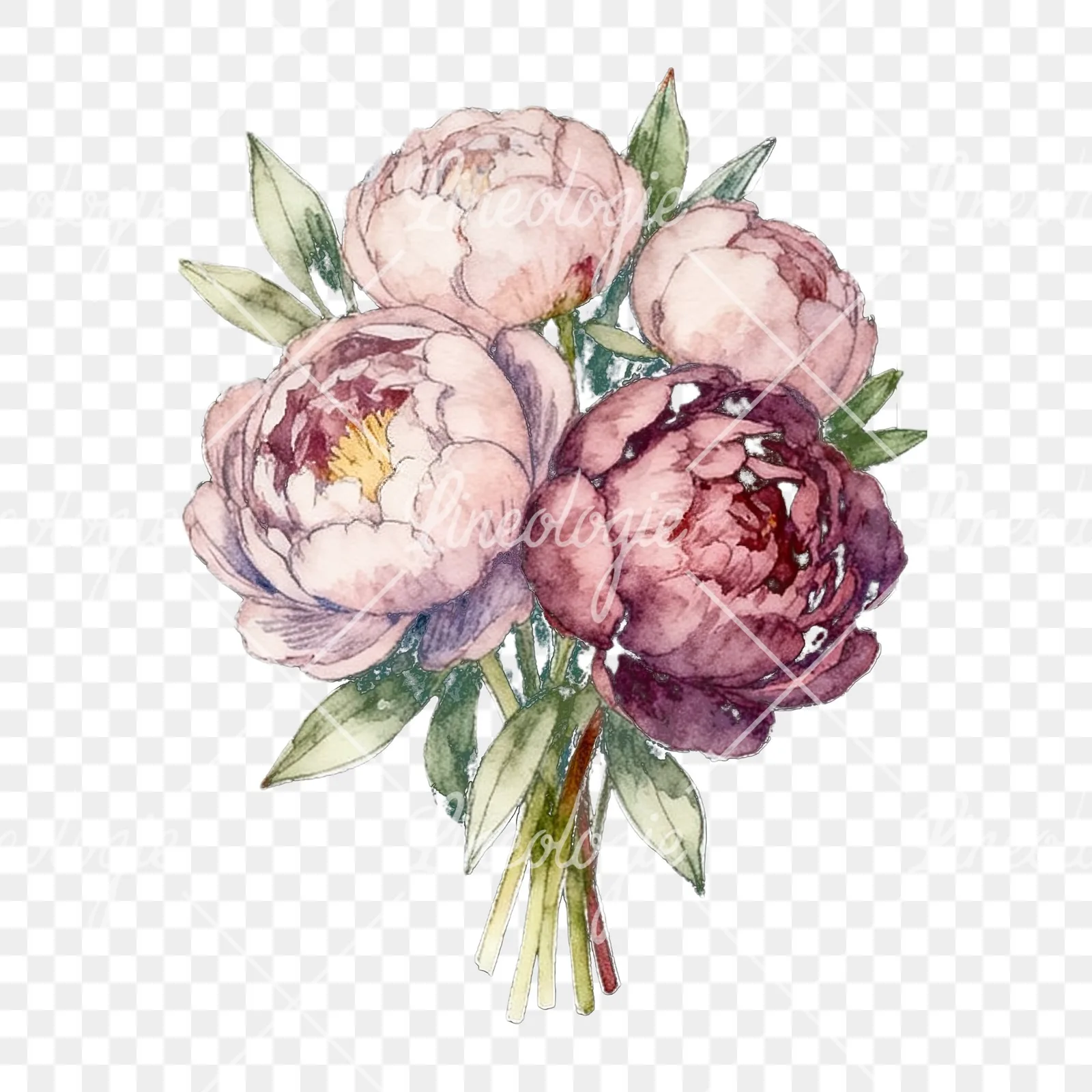 Watercolor white and pink peony bouquet clipart 9 of 9 on a transparent background (PNG)