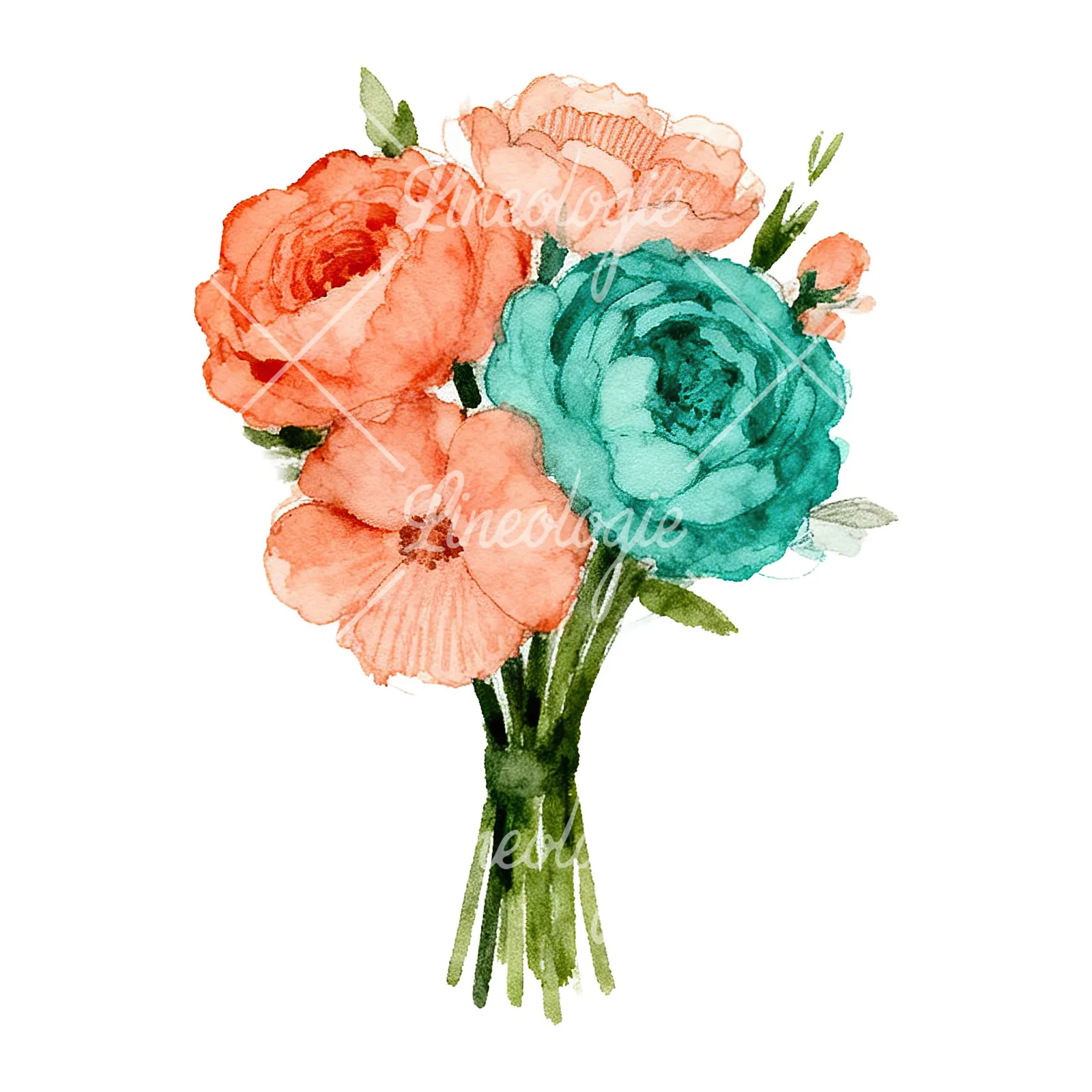 Watercolor clustered coral and teal wedding bouquet clipart 1 of 9 on a white background (JPG)