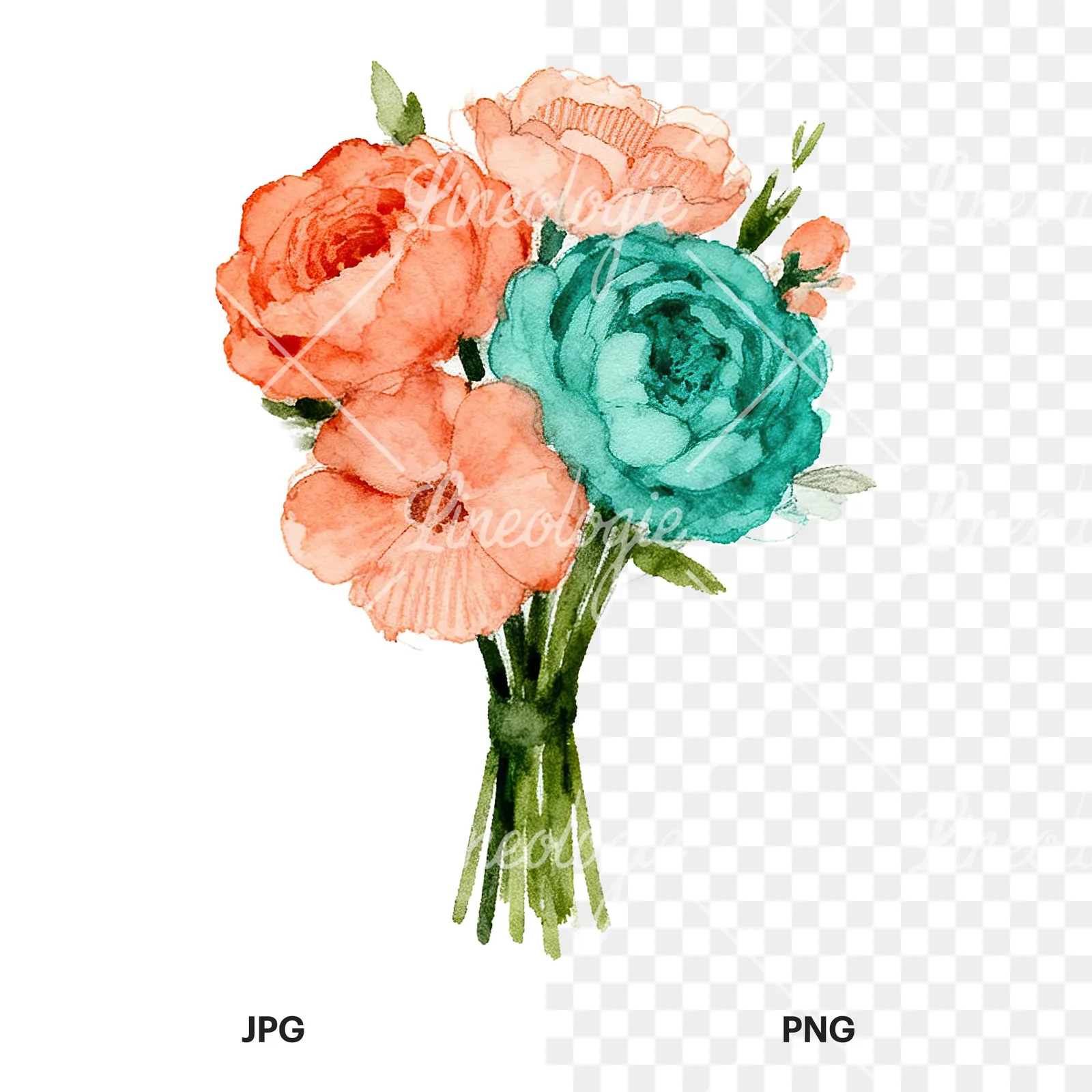 Watercolor clustered coral and teal wedding bouquet clipart 1 of 9, as a JPG on white and a transparent PNG
