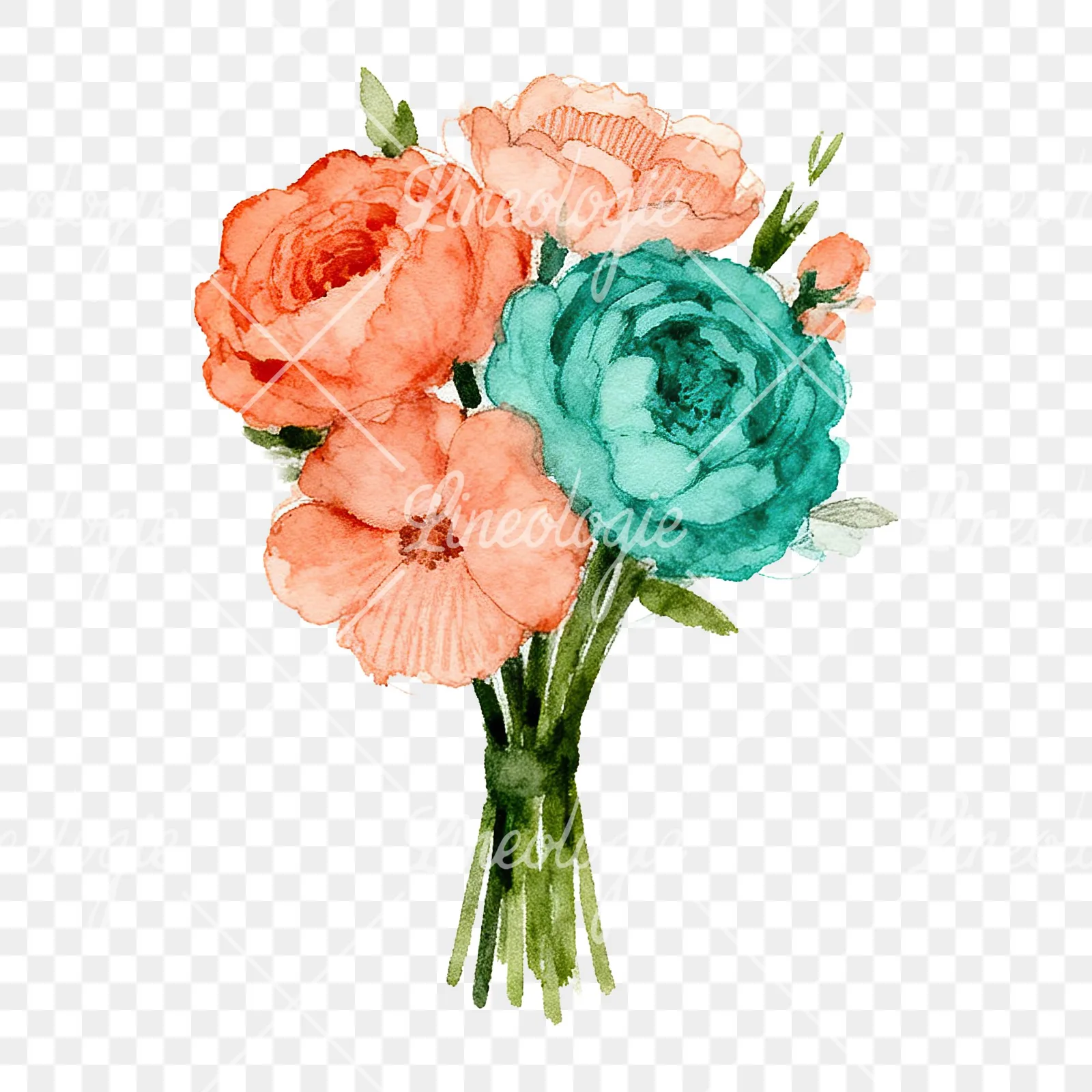 Watercolor clustered coral and teal wedding bouquet clipart 1 of 9 on a transparent background (PNG)