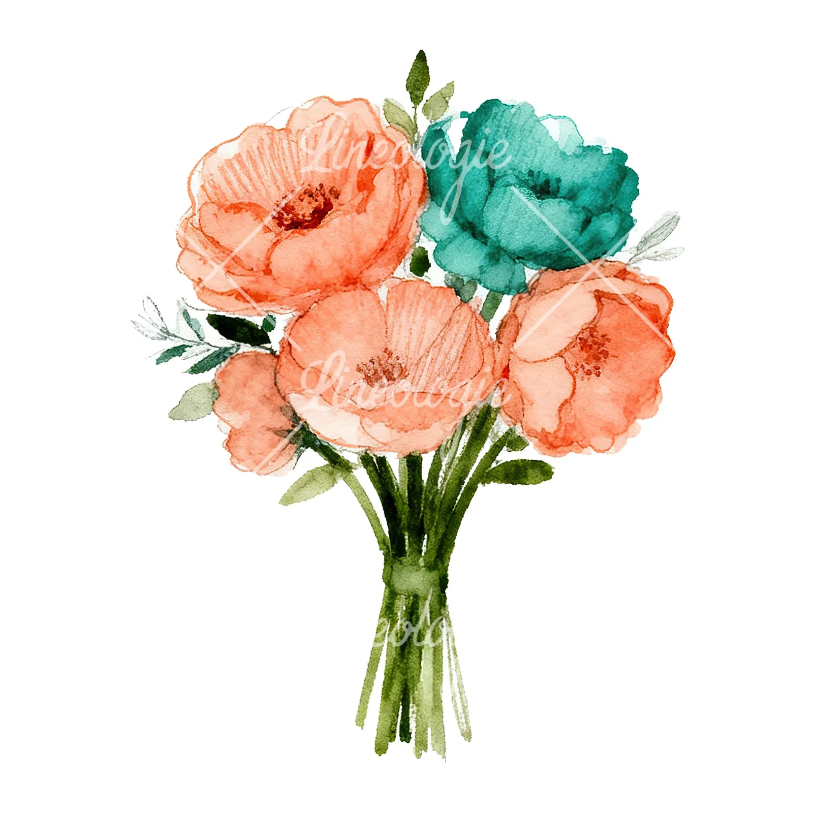 Watercolor clustered coral and teal wedding bouquet clipart 2 of 9 on a white background (JPG)