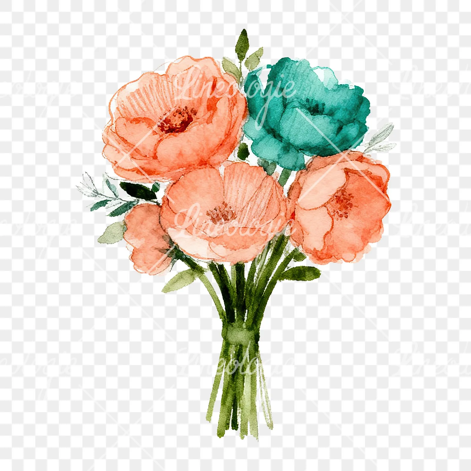 Watercolor clustered coral and teal wedding bouquet clipart 2 of 9 on a transparent background (PNG)