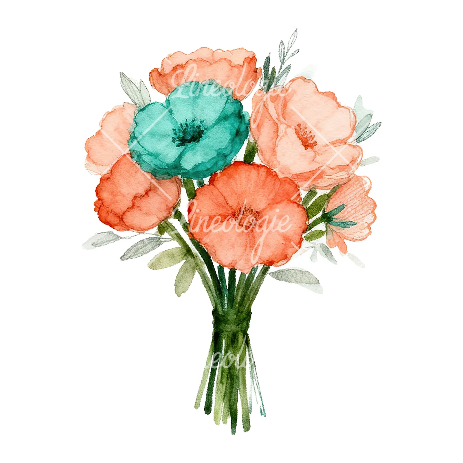 Watercolor clustered coral and teal wedding bouquet clipart 3 of 9 on a white background (JPG)