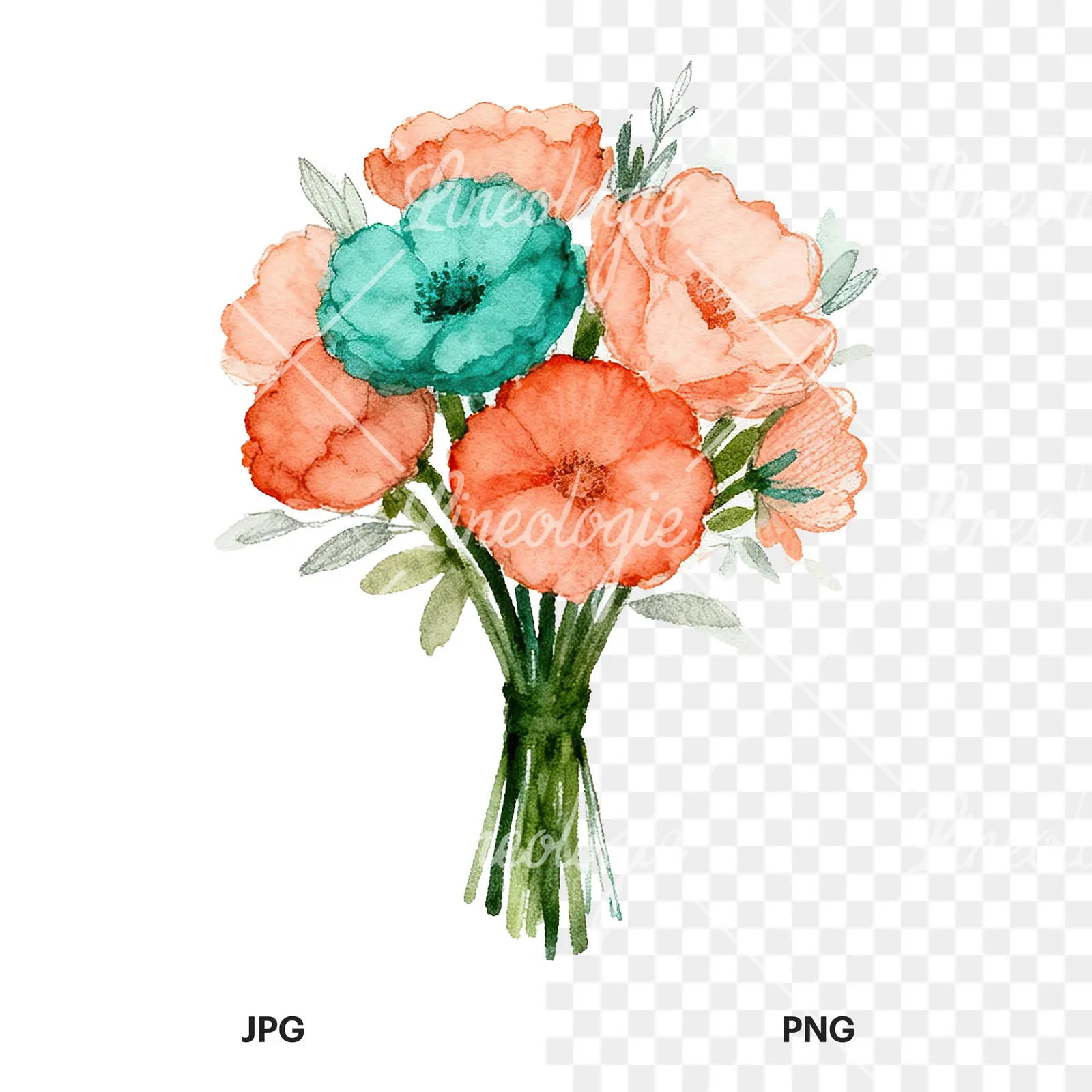 Watercolor clustered coral and teal wedding bouquet clipart 3 of 9, as a JPG on white and a transparent PNG