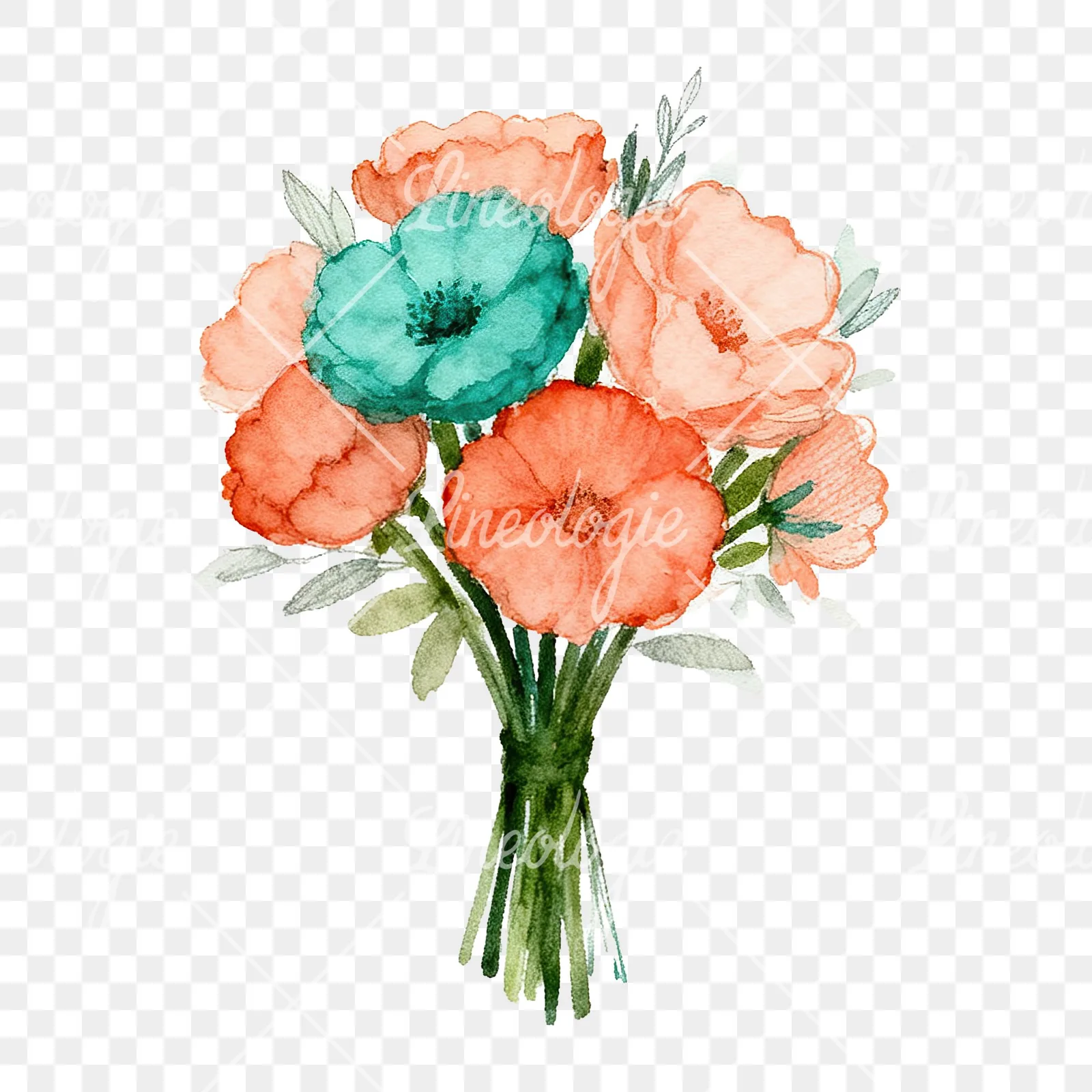 Watercolor clustered coral and teal wedding bouquet clipart 3 of 9 on a transparent background (PNG)