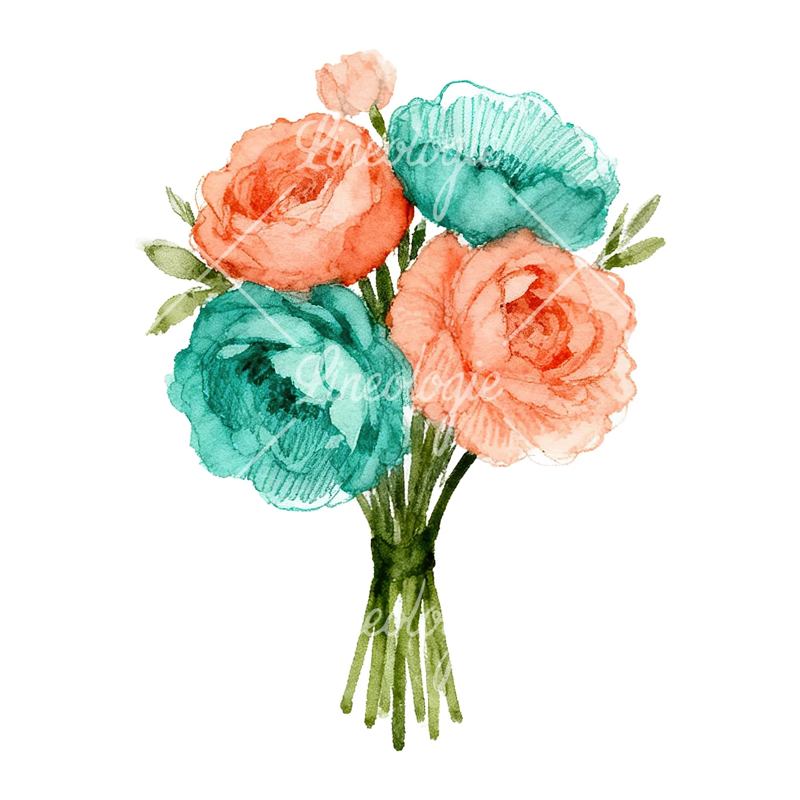 Watercolor clustered coral and teal wedding bouquet clipart 4 of 9 on a white background (JPG)
