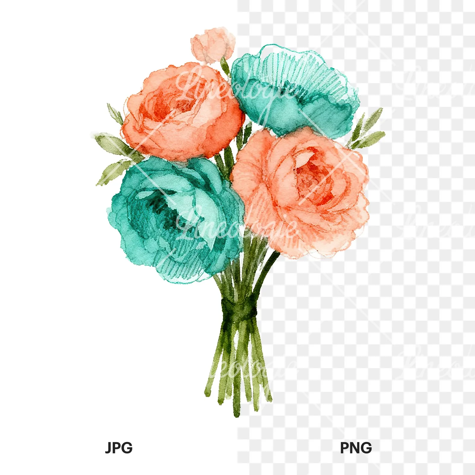 Watercolor clustered coral and teal wedding bouquet clipart 4 of 9, as a JPG on white and a transparent PNG