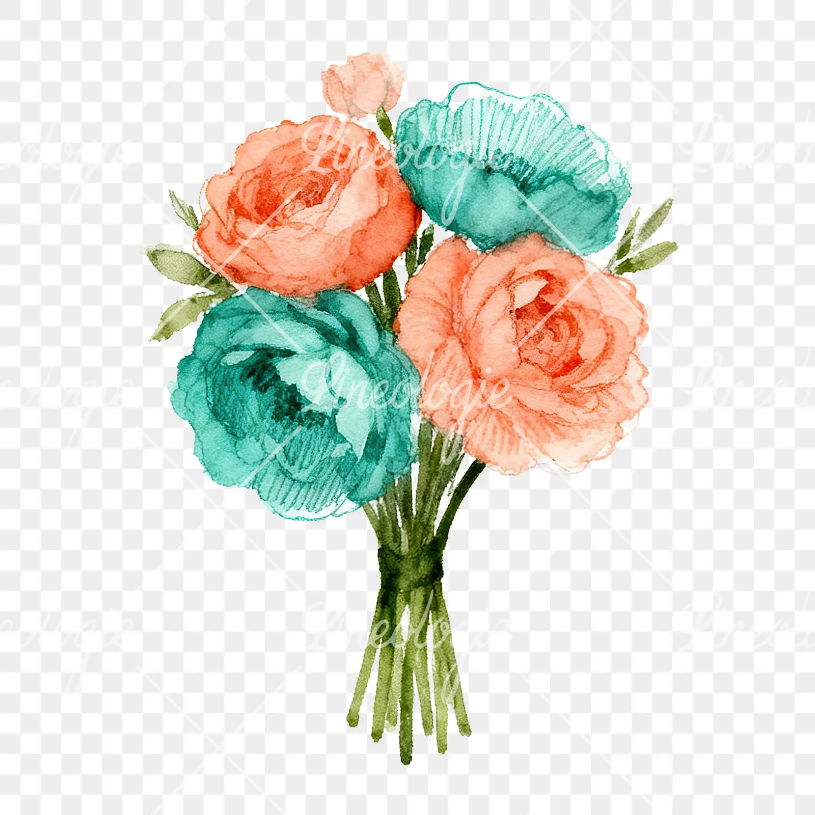 Watercolor clustered coral and teal wedding bouquet clipart 4 of 9 on a transparent background (PNG)