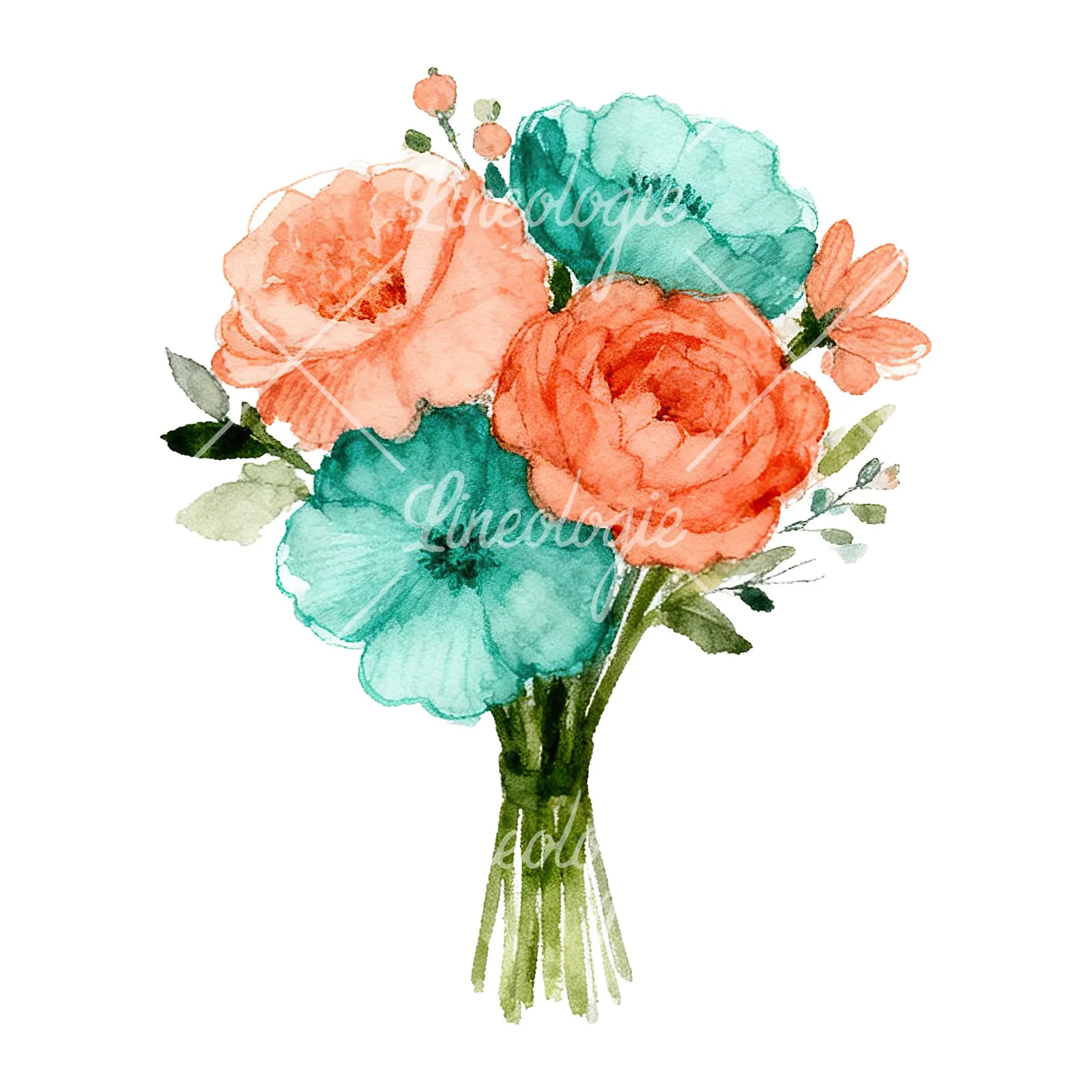 Watercolor clustered coral and teal wedding bouquet clipart 5 of 9 on a white background (JPG)