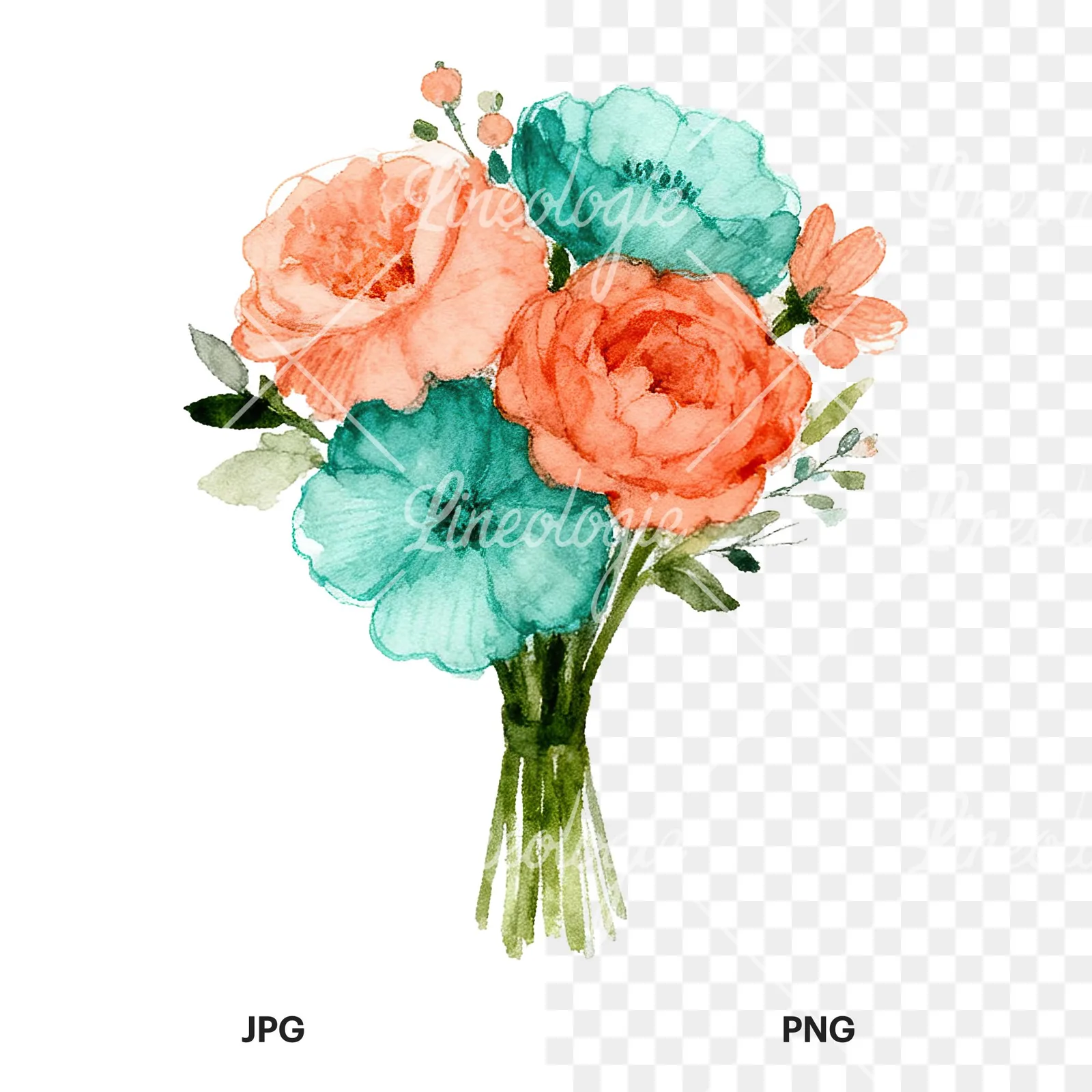 Watercolor clustered coral and teal wedding bouquet clipart 5 of 9, as a JPG on white and a transparent PNG