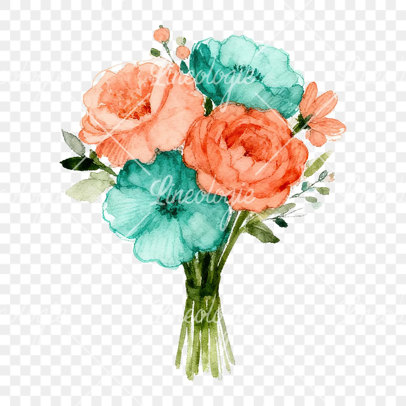 Watercolor clustered coral and teal wedding bouquet clipart 5 of 9 on a transparent background (PNG)
