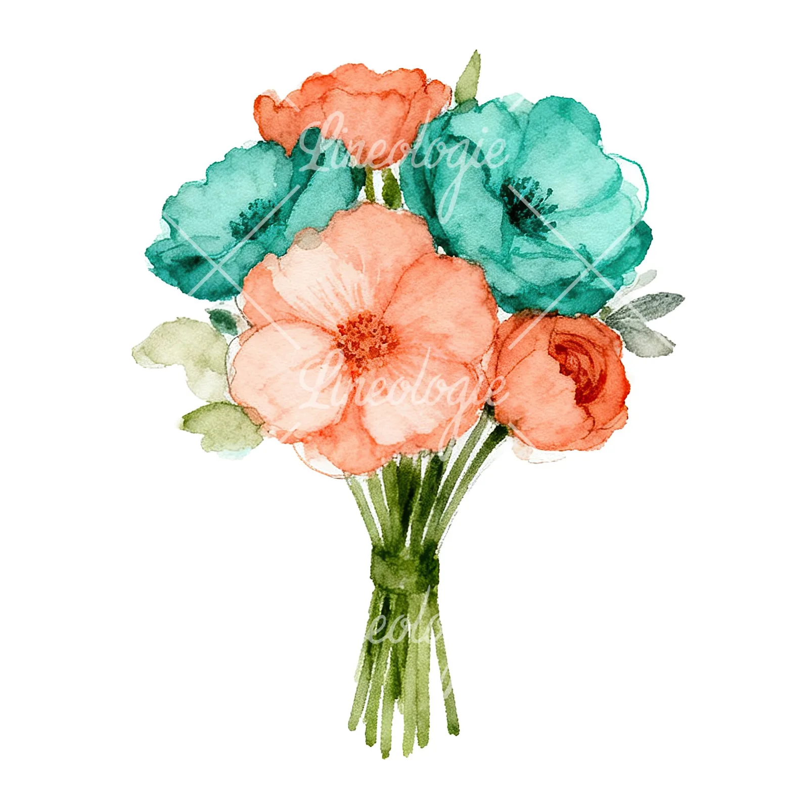 Watercolor clustered coral and teal wedding bouquet clipart 6 of 9 on a white background (JPG)