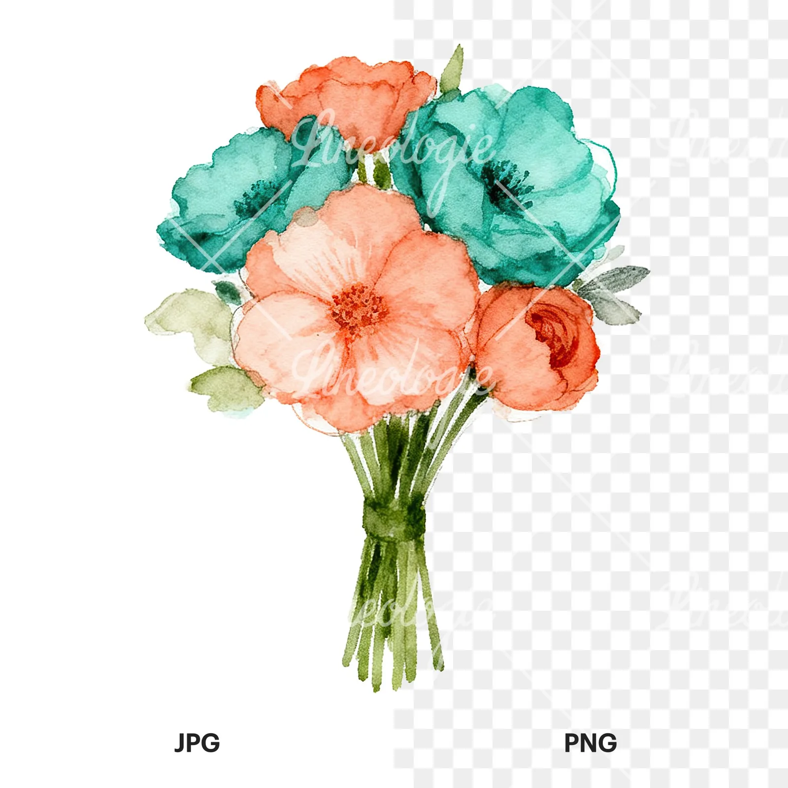 Watercolor clustered coral and teal wedding bouquet clipart 6 of 9, as a JPG on white and a transparent PNG