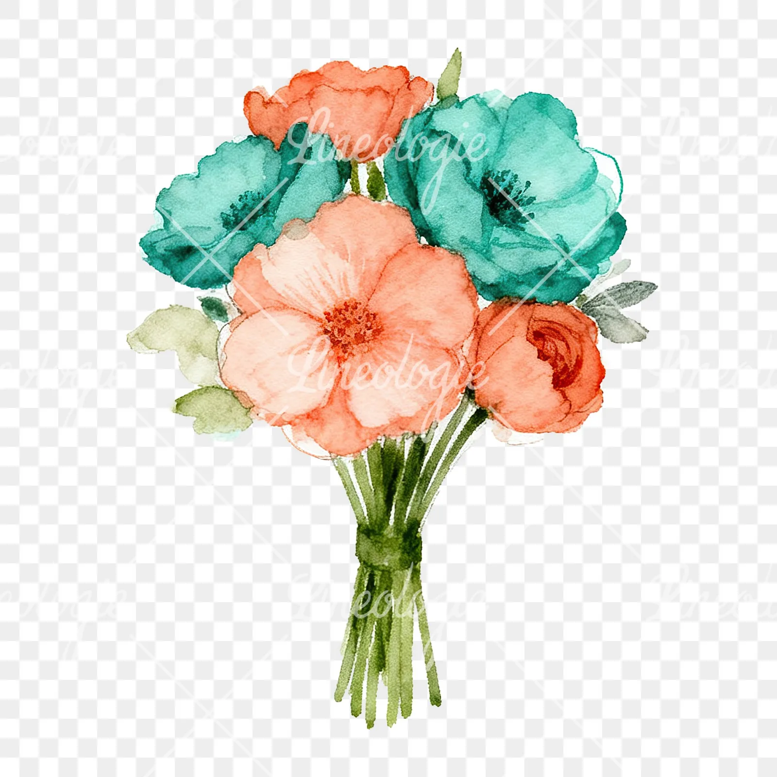 Watercolor clustered coral and teal wedding bouquet clipart 6 of 9 on a transparent background (PNG)