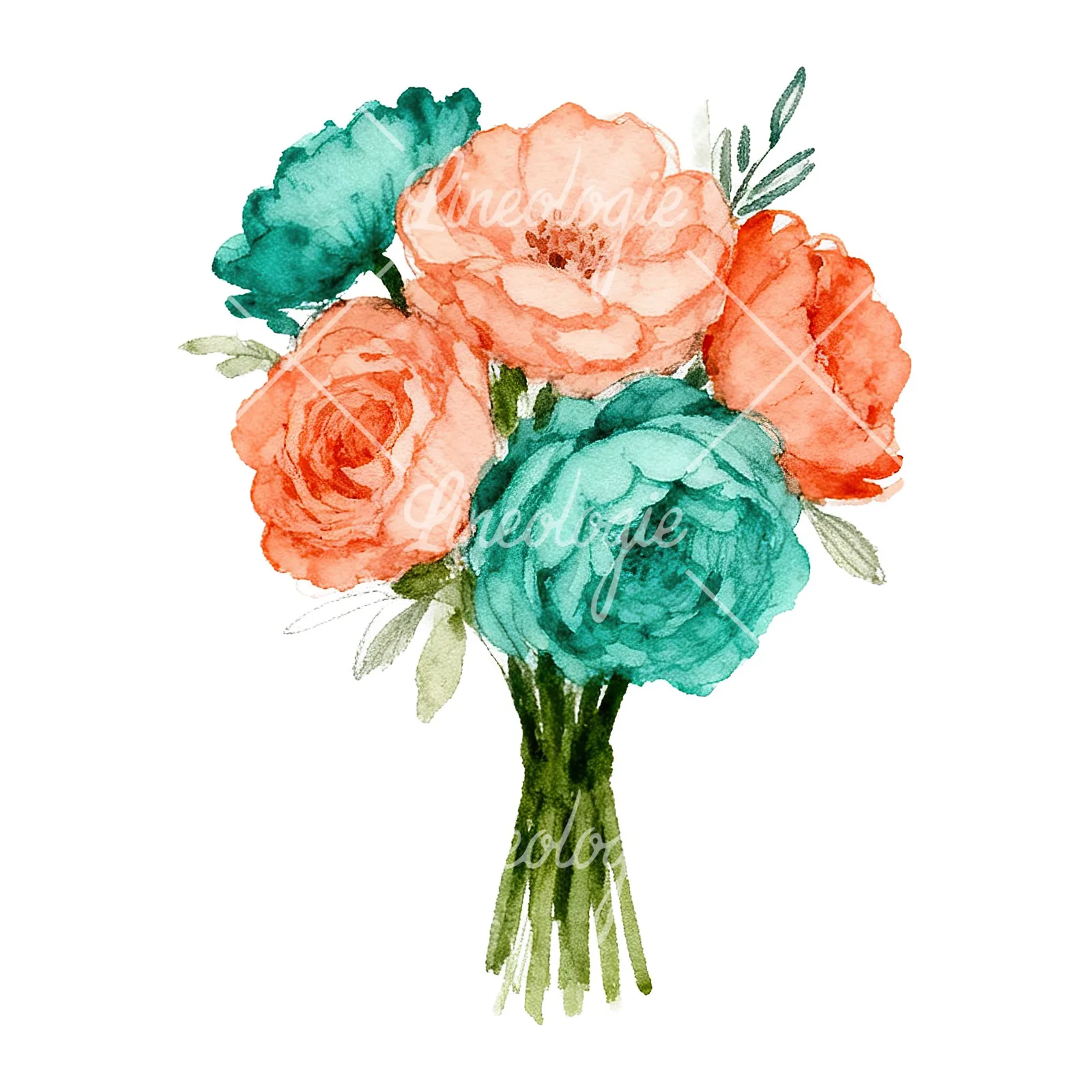 Watercolor clustered coral and teal wedding bouquet clipart 7 of 9 on a white background (JPG)