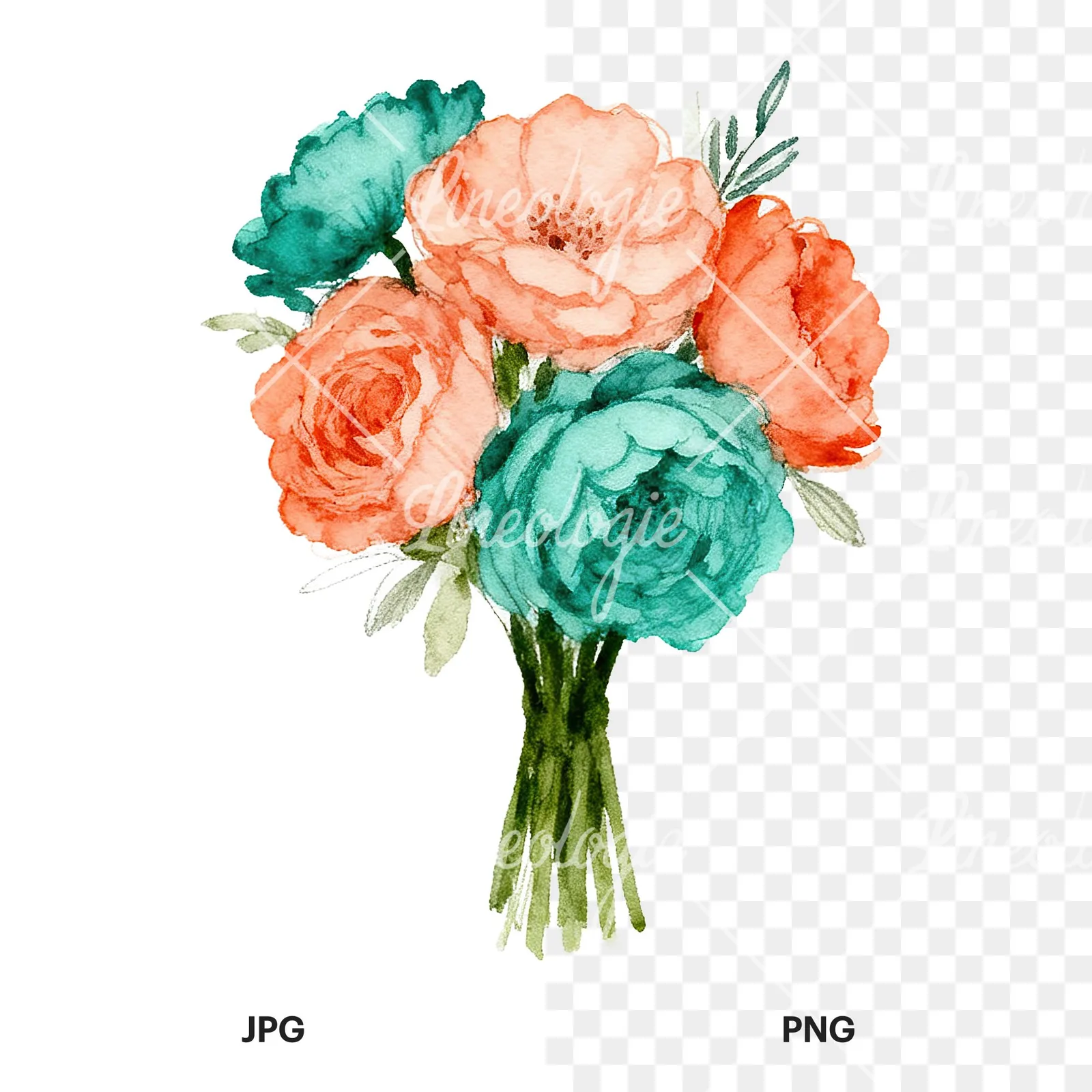 Watercolor clustered coral and teal wedding bouquet clipart 7 of 9, as a JPG on white and a transparent PNG