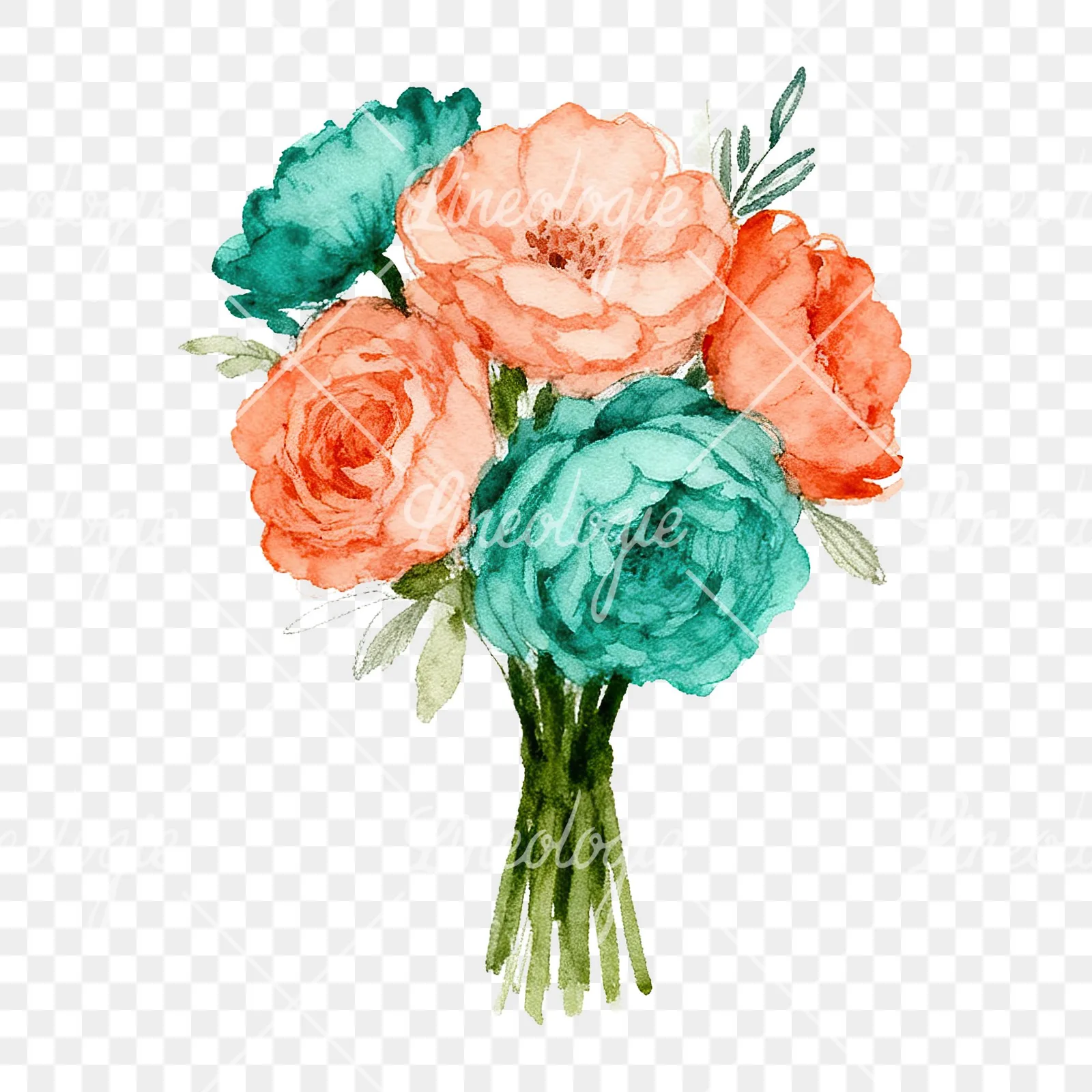 Watercolor clustered coral and teal wedding bouquet clipart 7 of 9 on a transparent background (PNG)