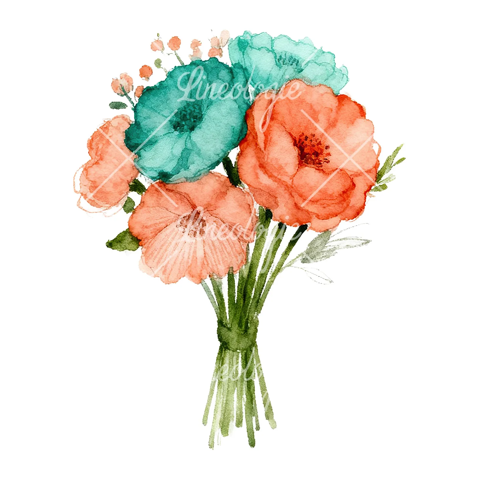 Watercolor clustered coral and teal wedding bouquet clipart 8 of 9 on a white background (JPG)