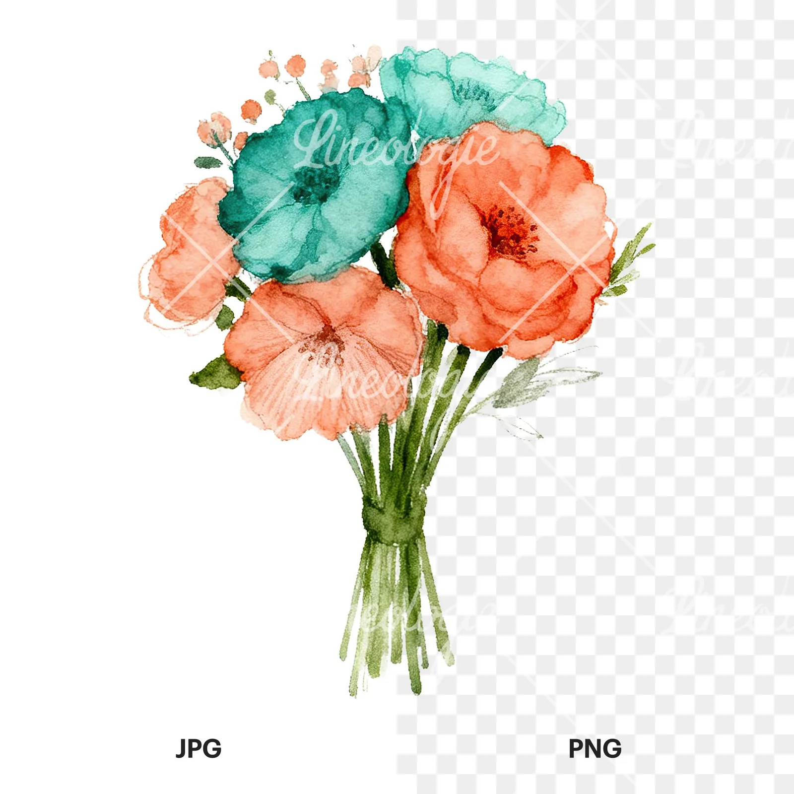 Watercolor clustered coral and teal wedding bouquet clipart 8 of 9, as a JPG on white and a transparent PNG