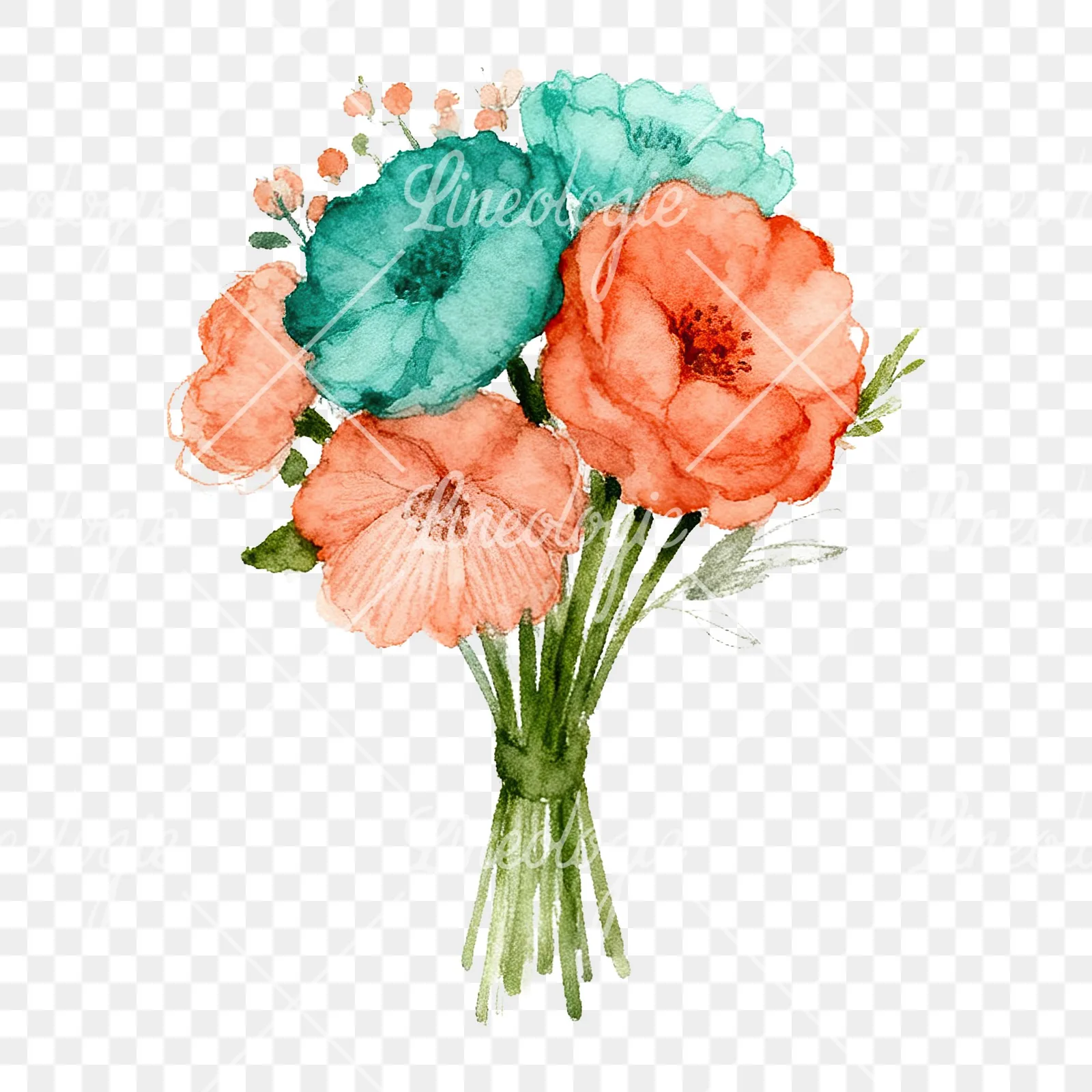 Watercolor clustered coral and teal wedding bouquet clipart 8 of 9 on a transparent background (PNG)