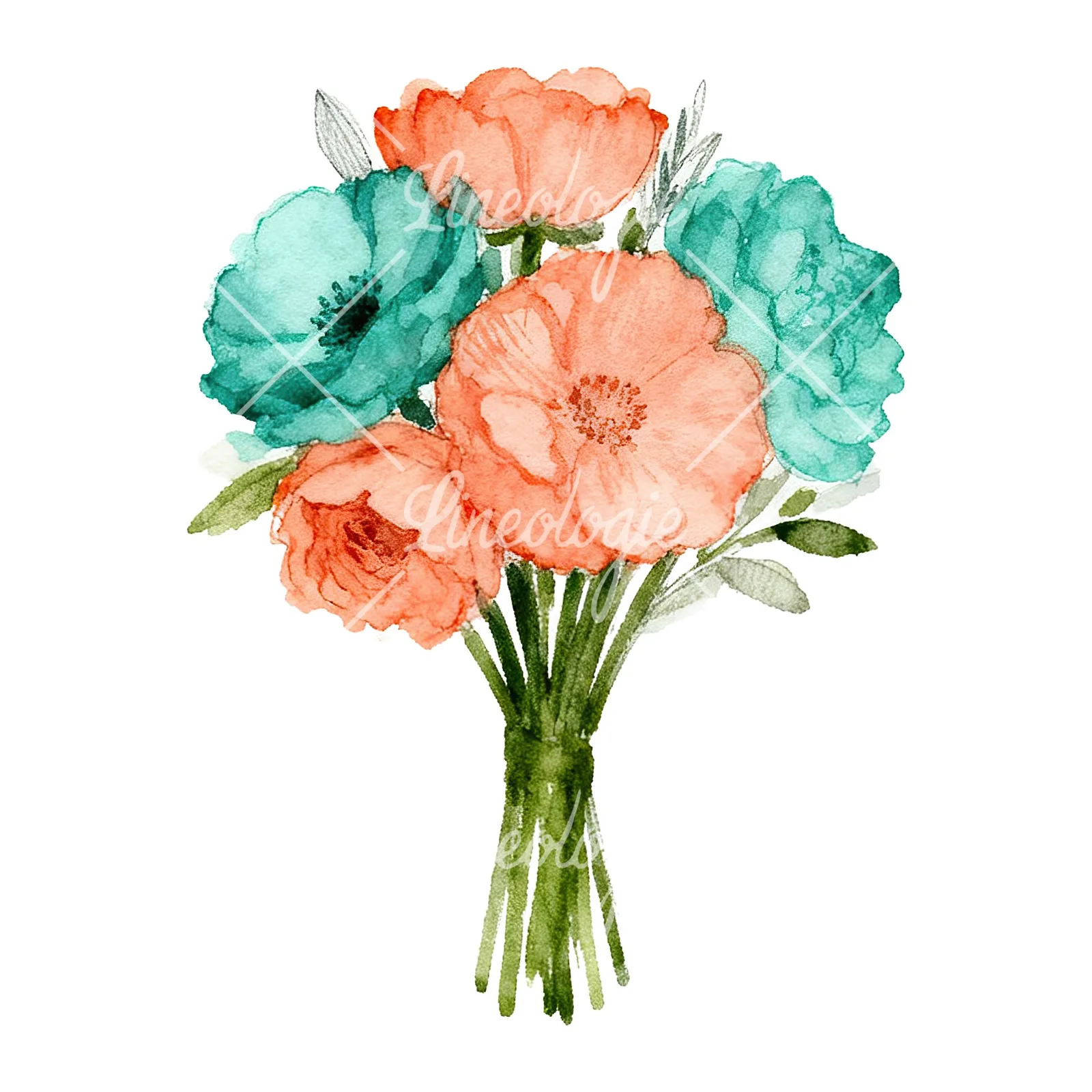 Watercolor clustered coral and teal wedding bouquet clipart 9 of 9 on a white background (JPG)