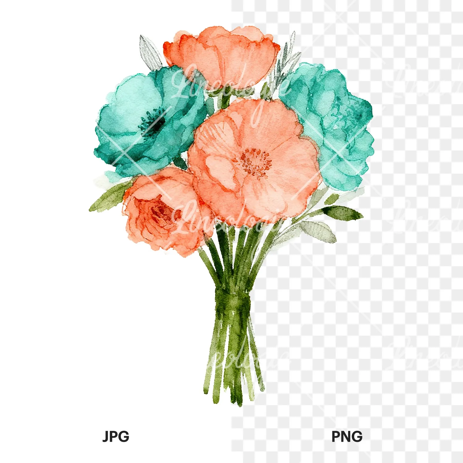 Watercolor clustered coral and teal wedding bouquet clipart 9 of 9, as a JPG on white and a transparent PNG