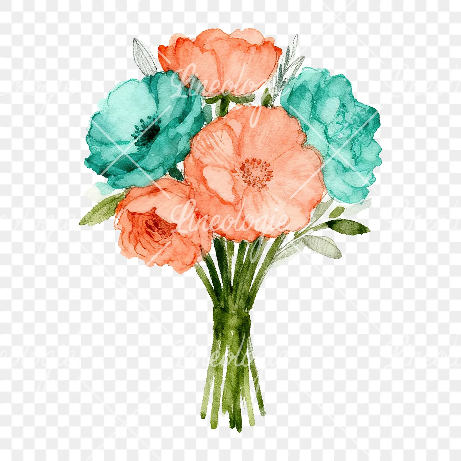 Watercolor clustered coral and teal wedding bouquet clipart 9 of 9 on a transparent background (PNG)