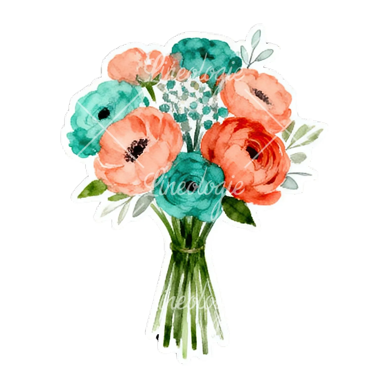 Watercolor coral and teal wedding bouquet with berries clipart 1 of 9 on a white background (JPG)