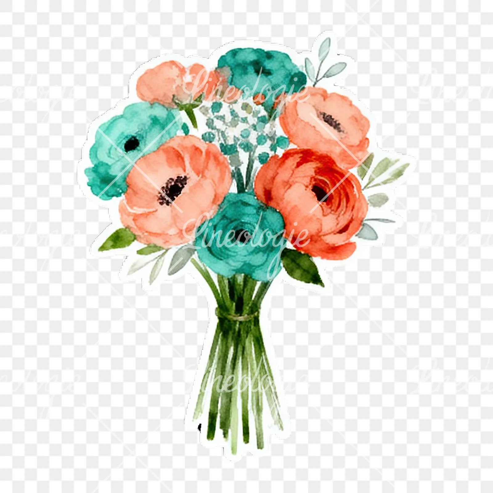 Watercolor coral and teal wedding bouquet with berries clipart 1 of 9 on a transparent background (PNG)