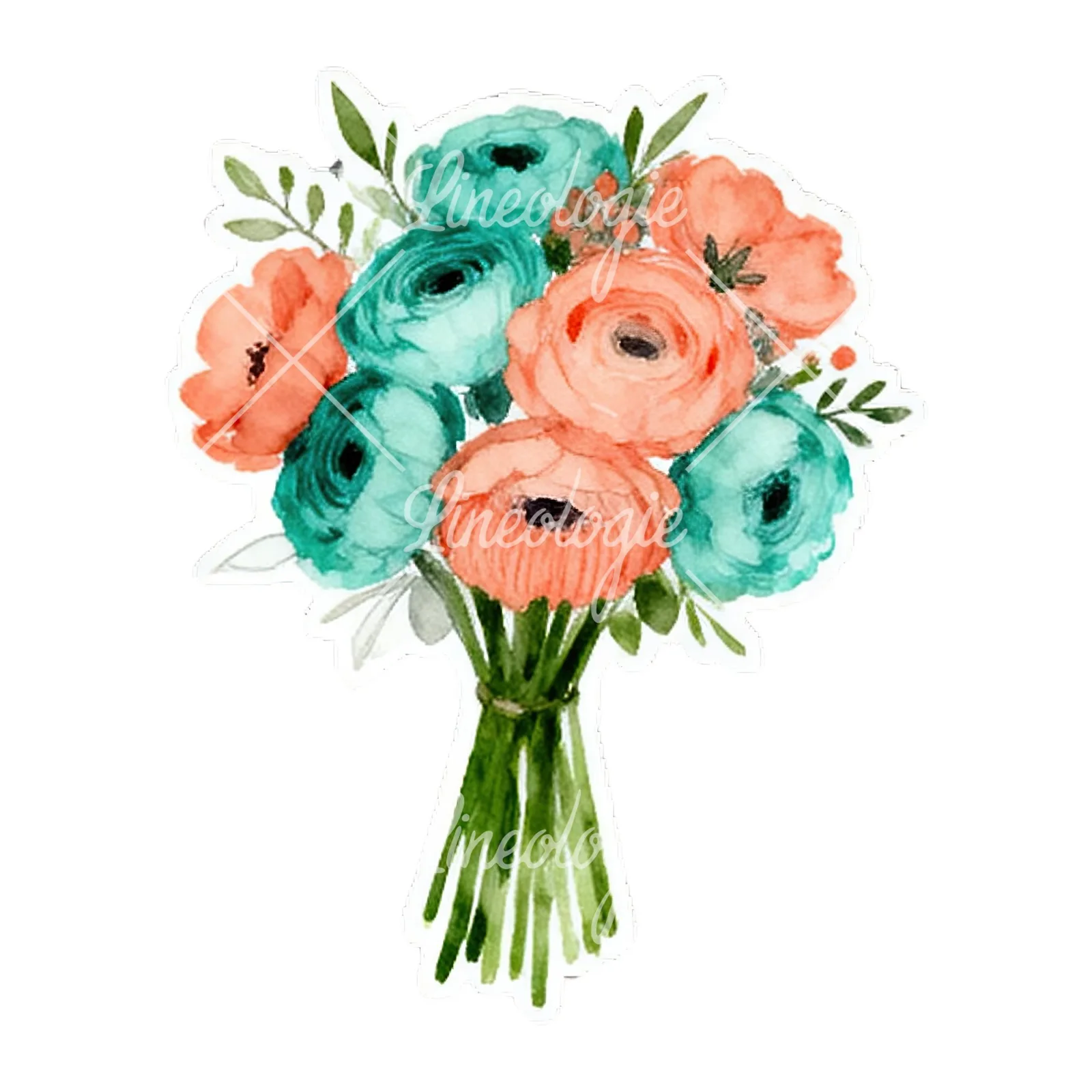 Watercolor coral and teal wedding bouquet with berries clipart 2 of 9 on a white background (JPG)