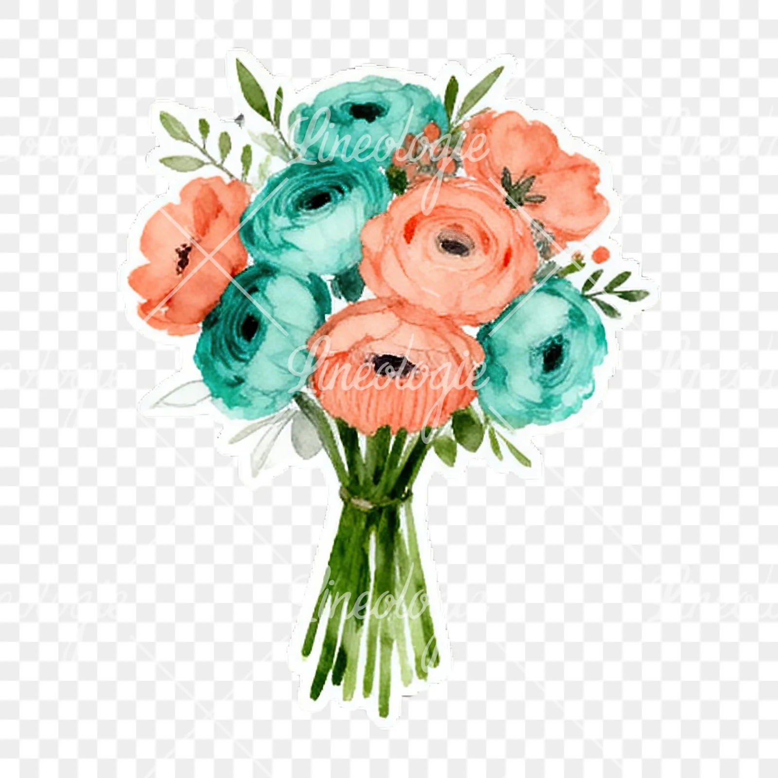 Watercolor coral and teal wedding bouquet with berries clipart 2 of 9 on a transparent background (PNG)