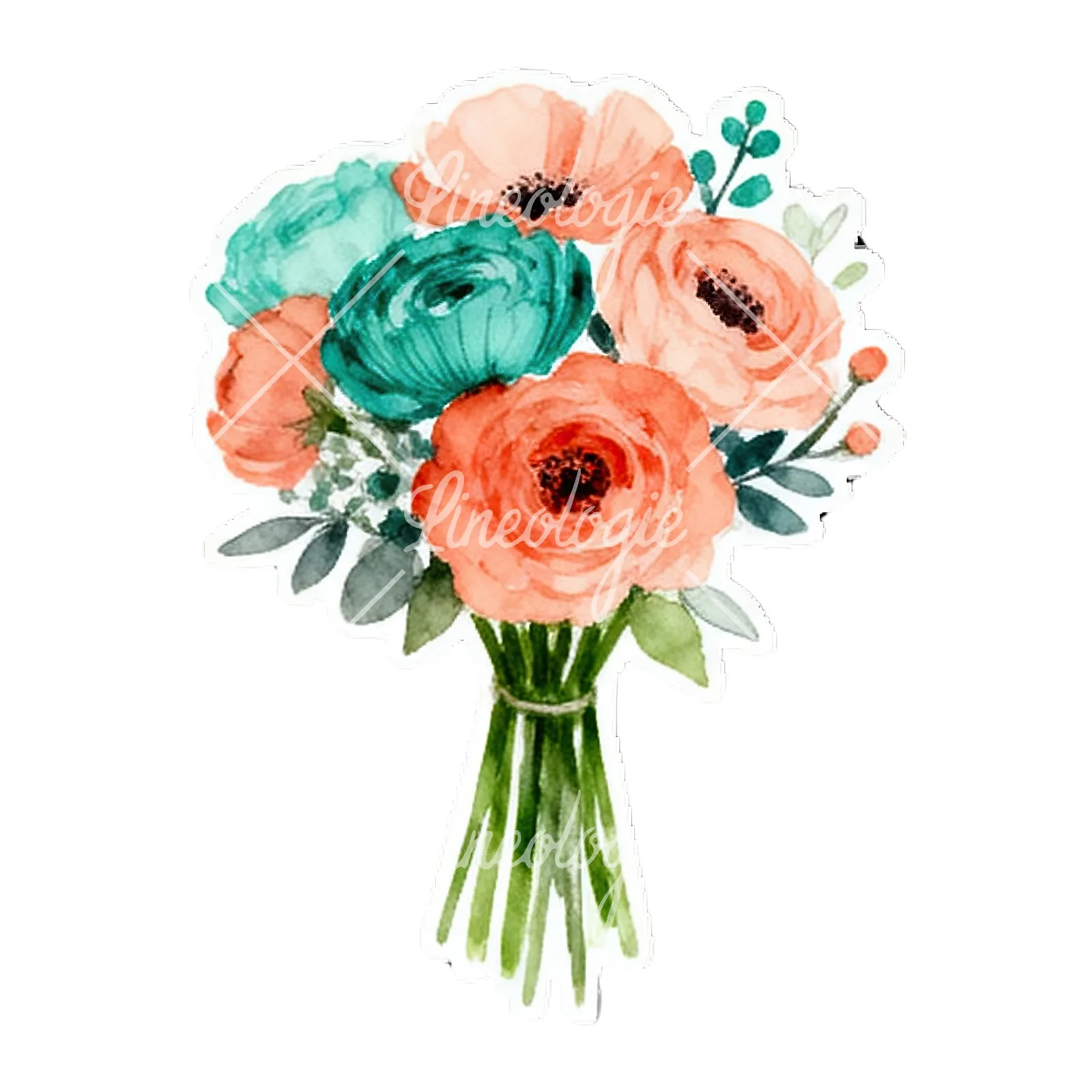 Watercolor coral and teal wedding bouquet with berries clipart 3 of 9 on a white background (JPG)