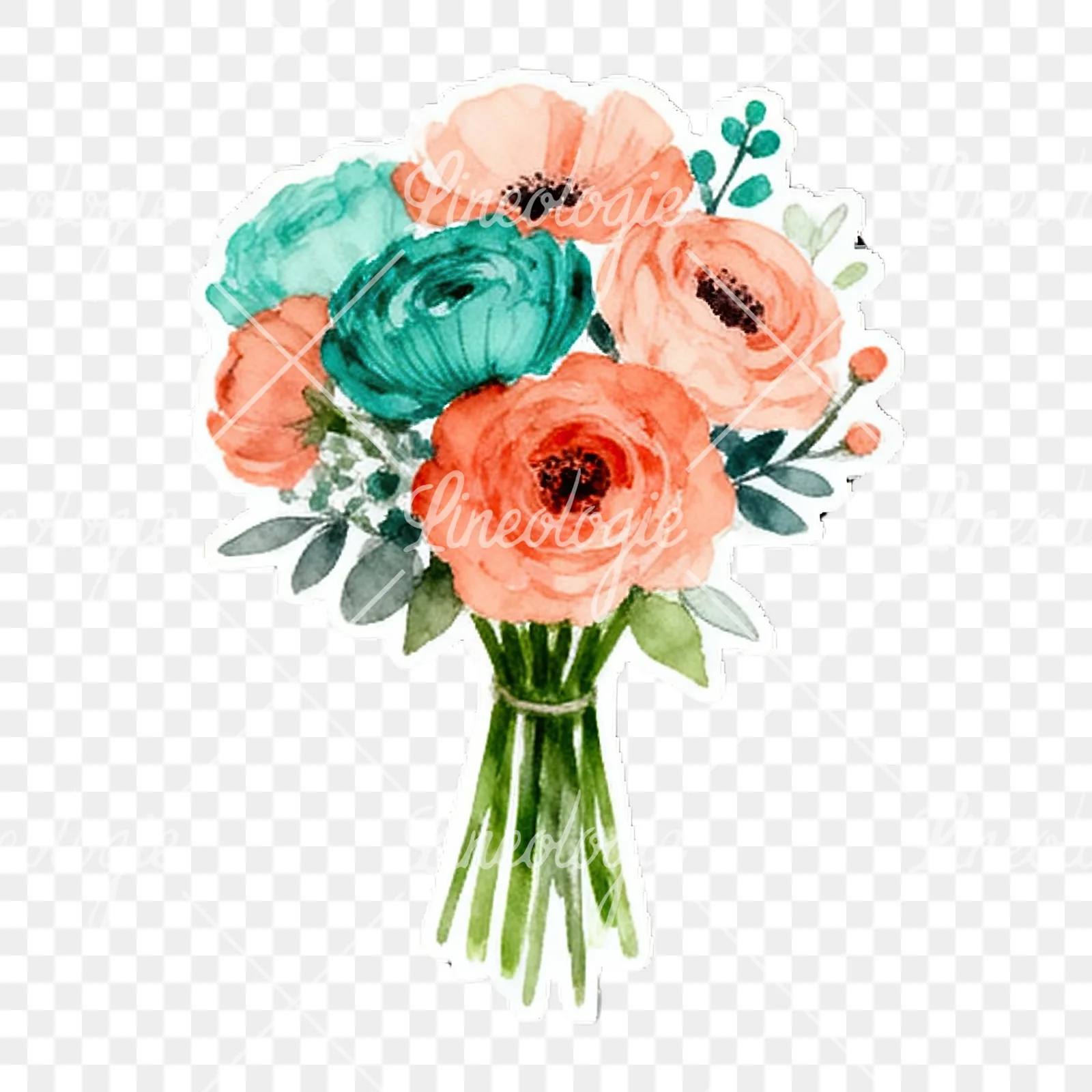 Watercolor coral and teal wedding bouquet with berries clipart 3 of 9 on a transparent background (PNG)