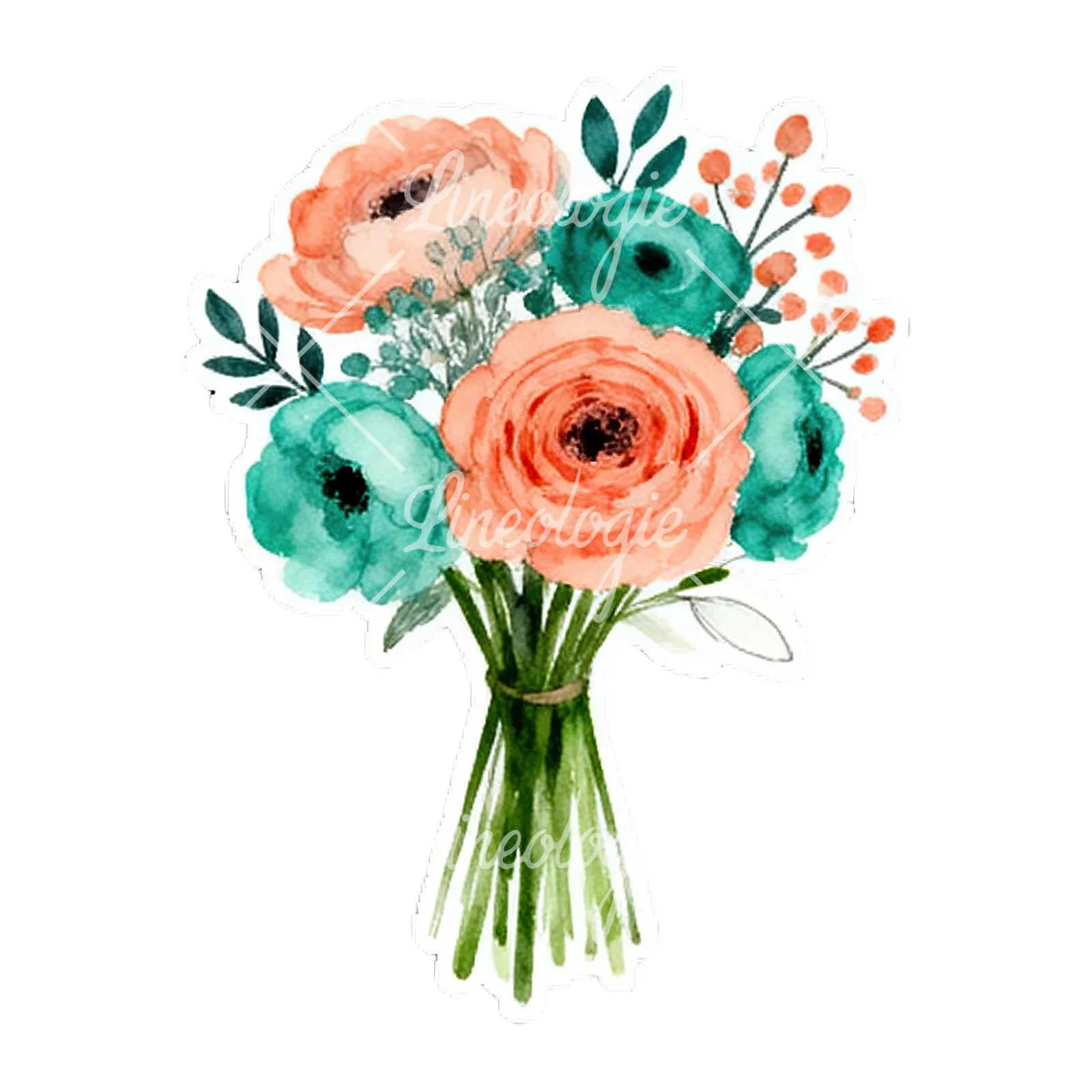 Watercolor coral and teal wedding bouquet with berries clipart 4 of 9 on a white background (JPG)