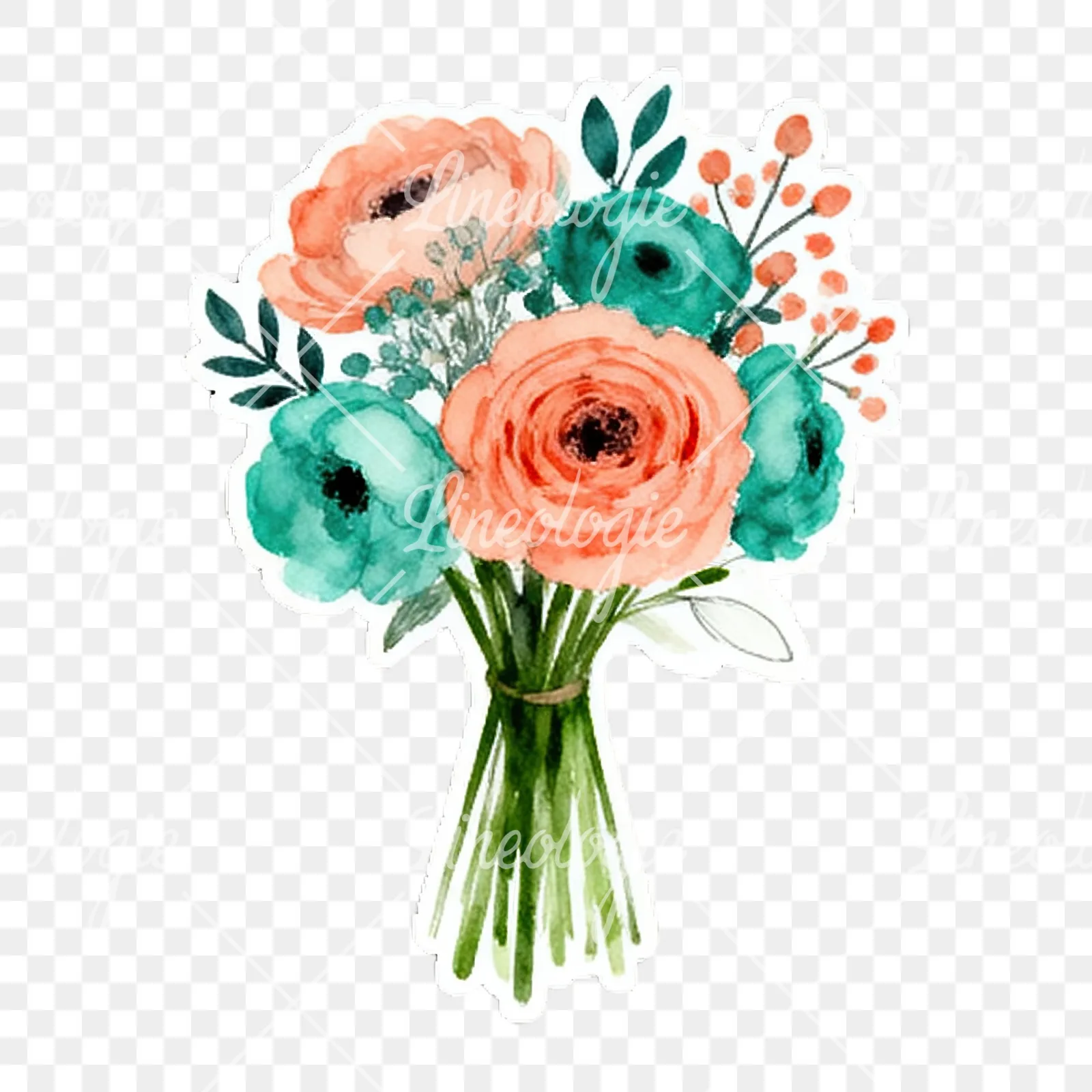 Watercolor coral and teal wedding bouquet with berries clipart 4 of 9 on a transparent background (PNG)