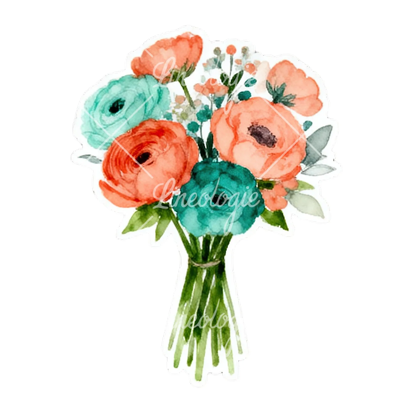Watercolor coral and teal wedding bouquet with berries clipart 5 of 9 on a white background (JPG)