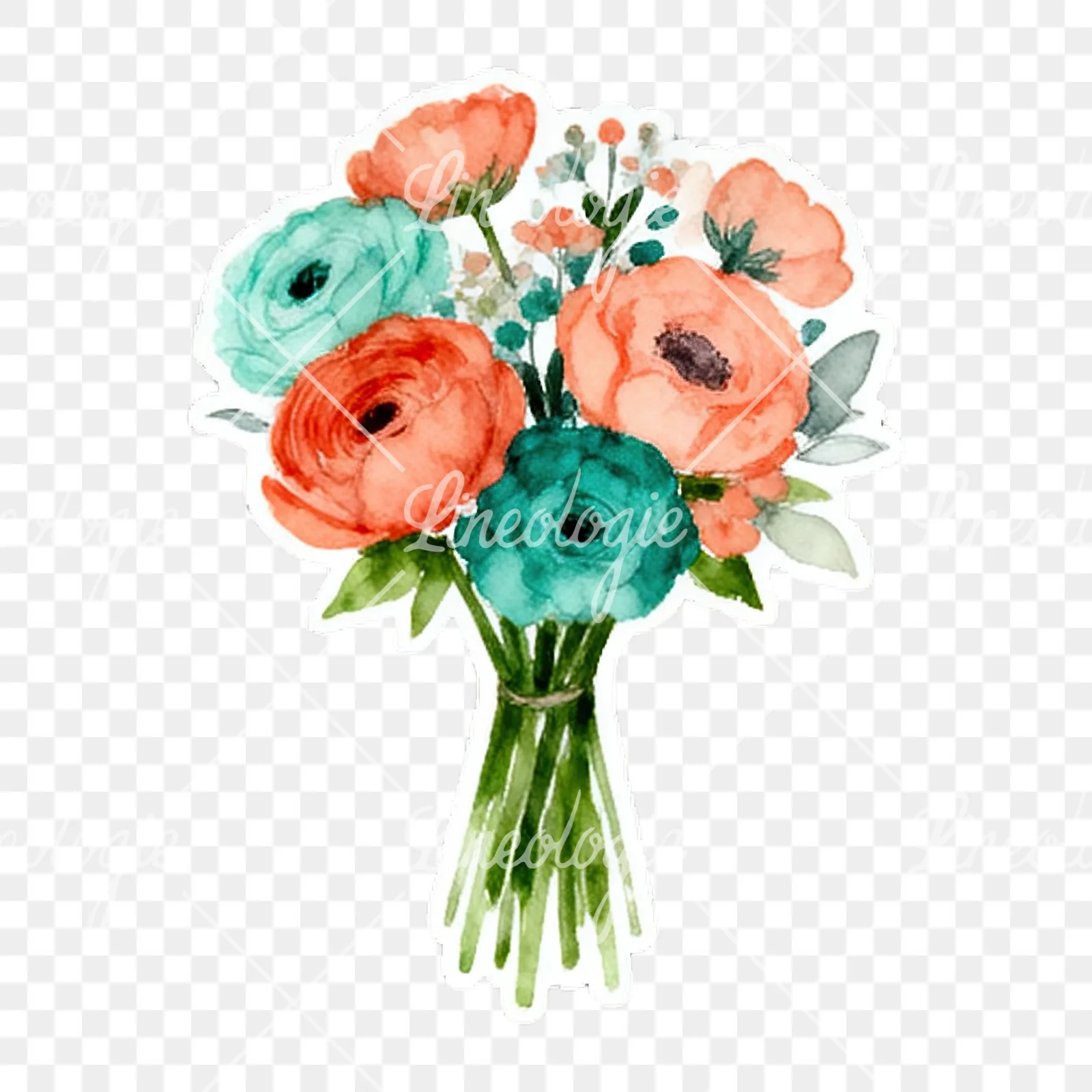 Watercolor coral and teal wedding bouquet with berries clipart 5 of 9 on a transparent background (PNG)