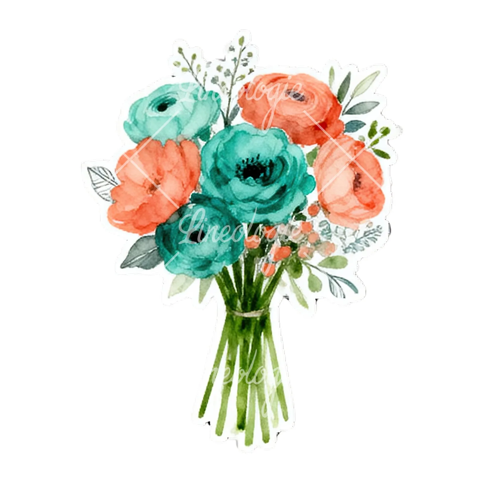 Watercolor coral and teal wedding bouquet with berries clipart 6 of 9 on a white background (JPG)
