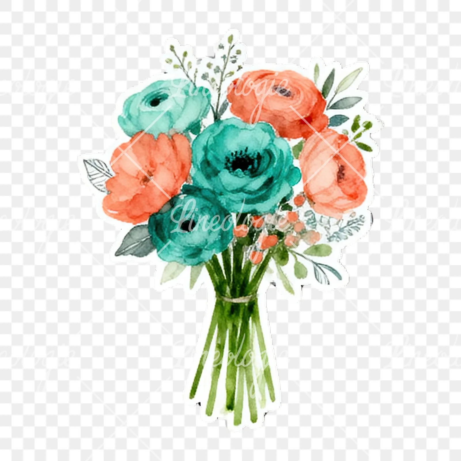 Watercolor coral and teal wedding bouquet with berries clipart 6 of 9 on a transparent background (PNG)