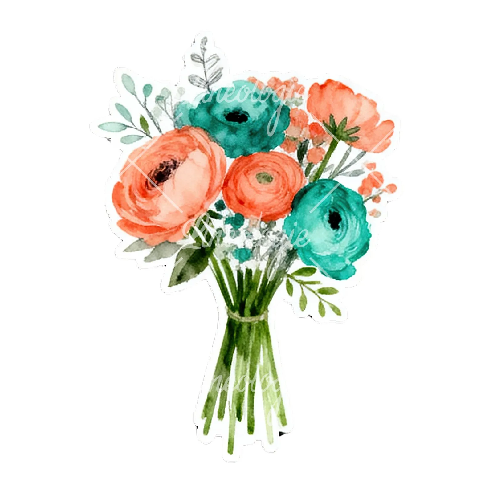 Watercolor coral and teal wedding bouquet with berries clipart 7 of 9 on a white background (JPG)