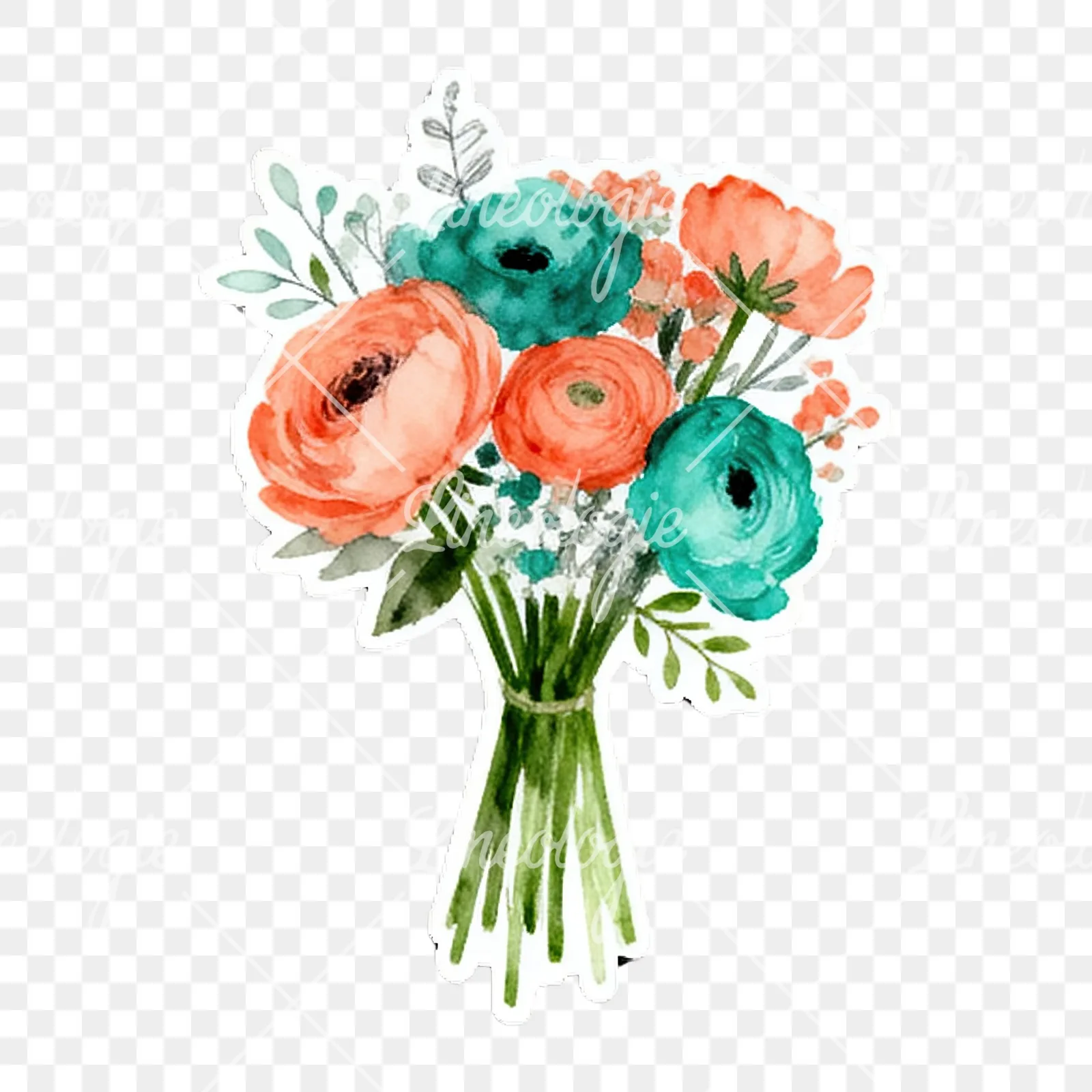 Watercolor coral and teal wedding bouquet with berries clipart 7 of 9 on a transparent background (PNG)