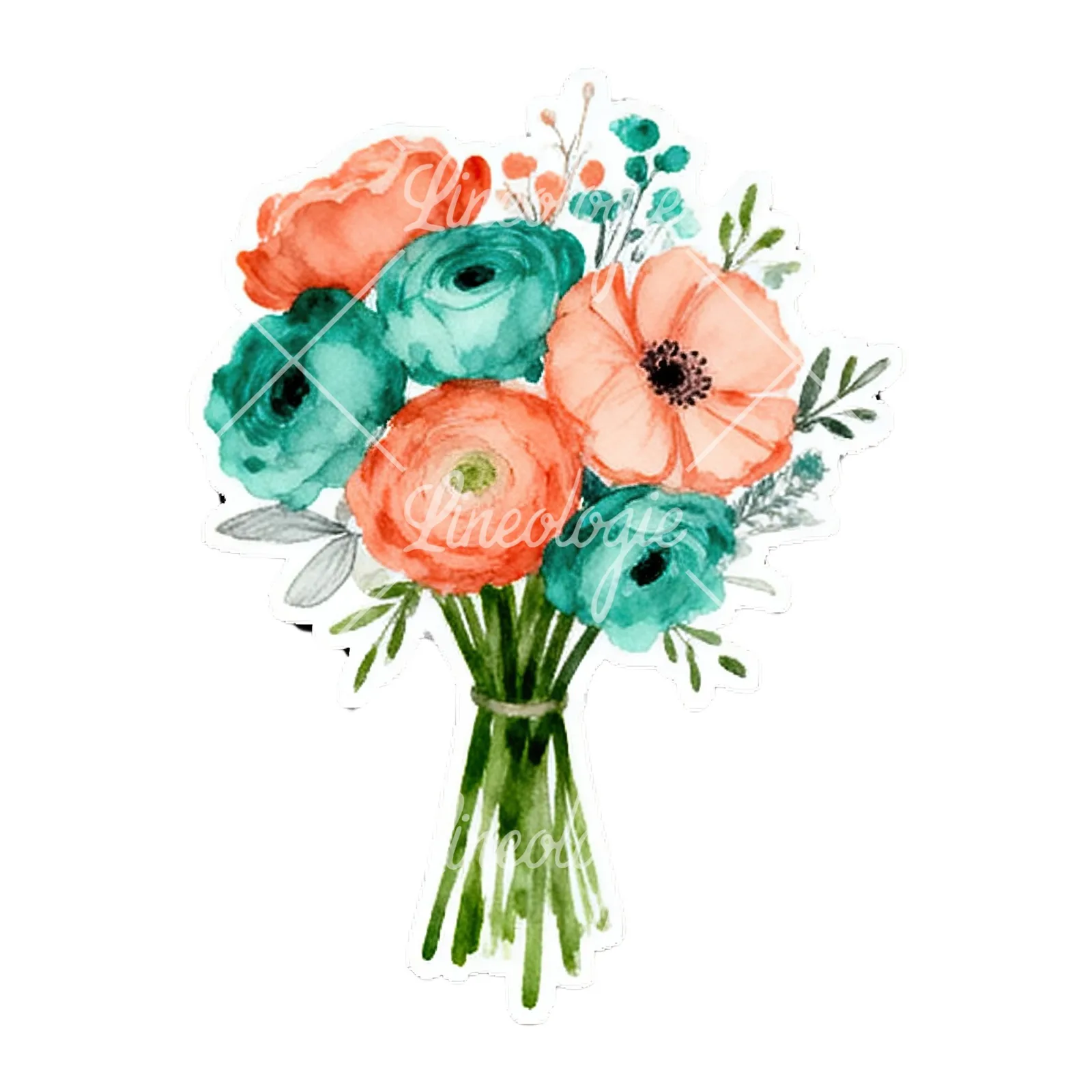 Watercolor coral and teal wedding bouquet with berries clipart 8 of 9 on a white background (JPG)