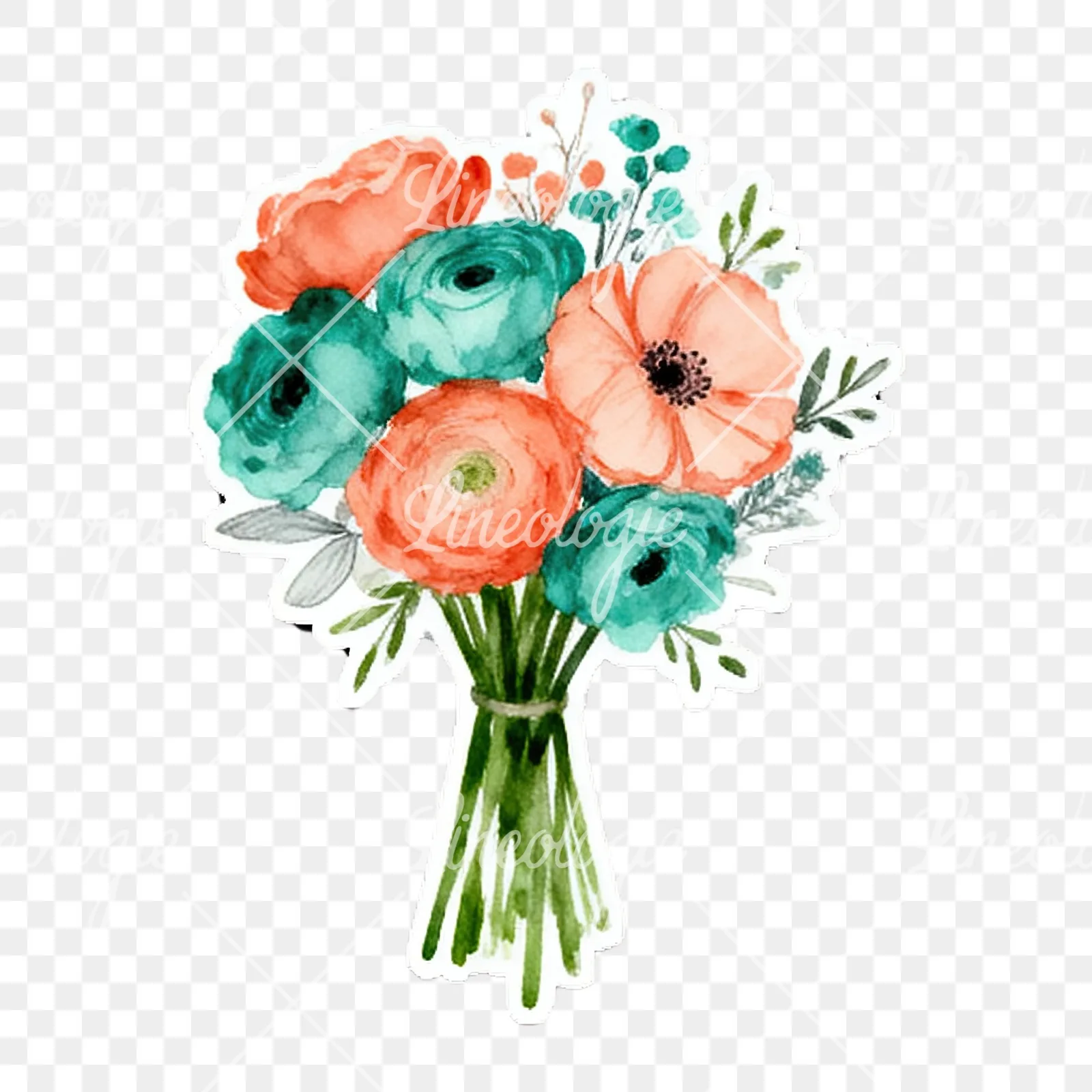Watercolor coral and teal wedding bouquet with berries clipart 8 of 9 on a transparent background (PNG)