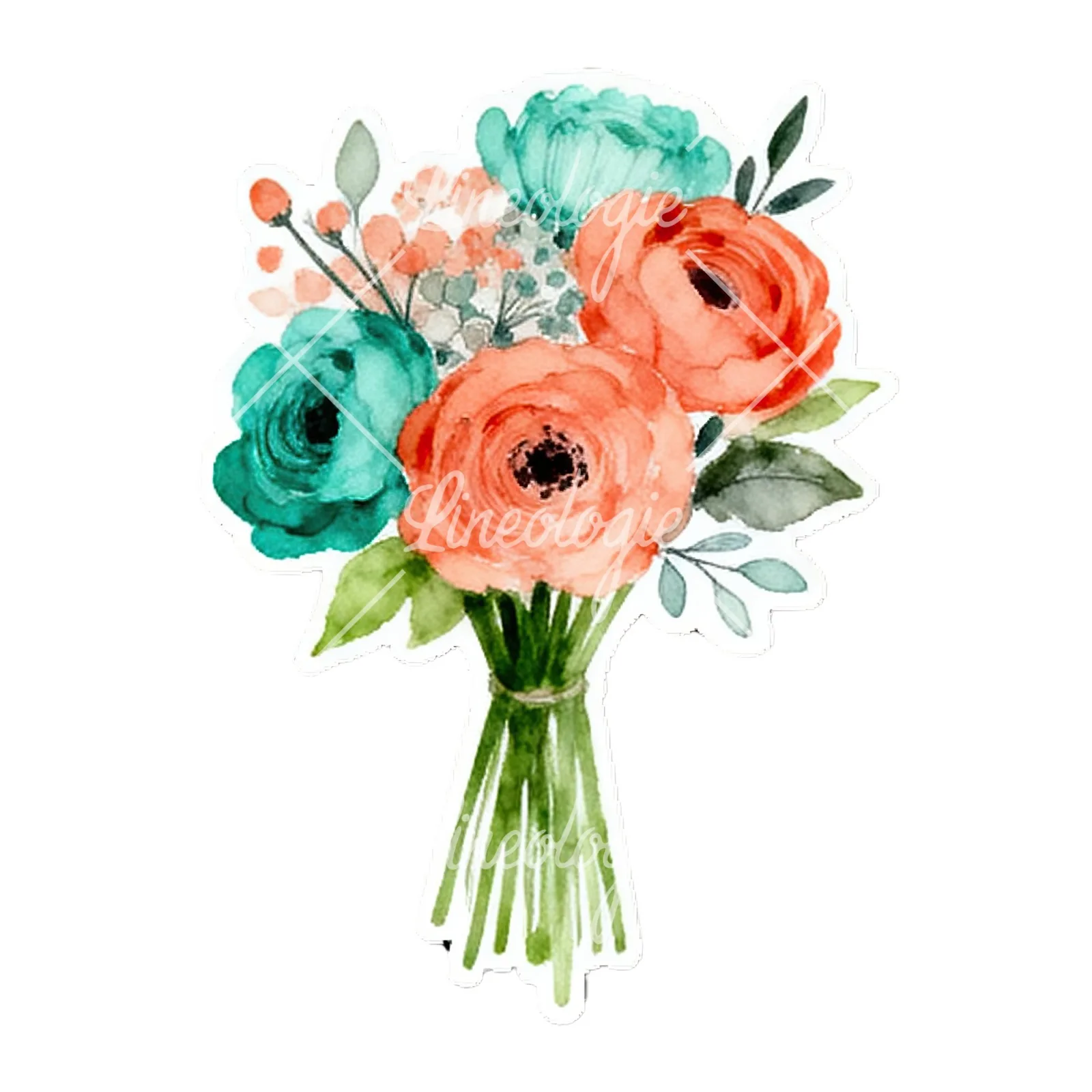 Watercolor coral and teal wedding bouquet with berries clipart 9 of 9 on a white background (JPG)