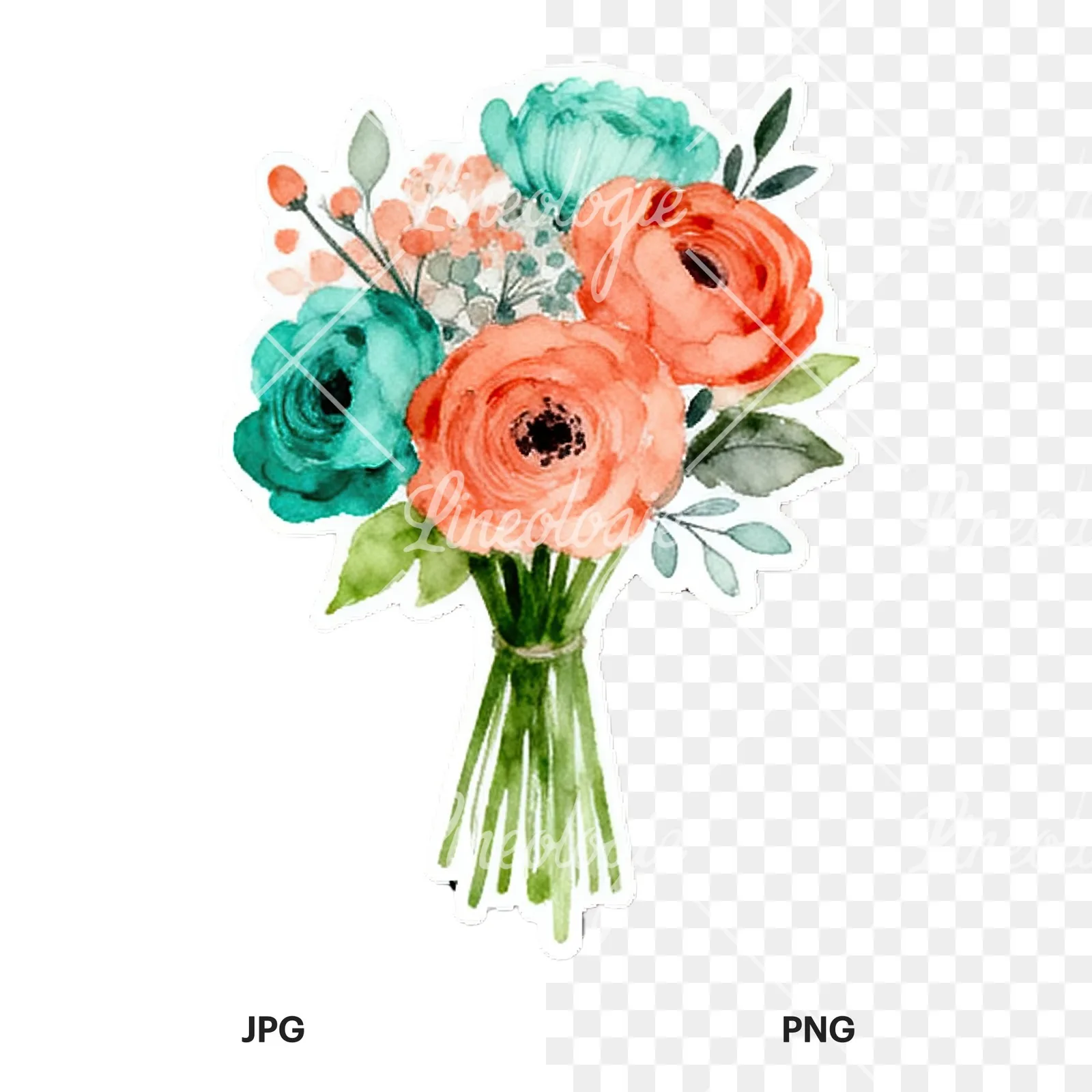 Watercolor coral and teal wedding bouquet with berries clipart 9 of 9, as a JPG on white and a transparent PNG