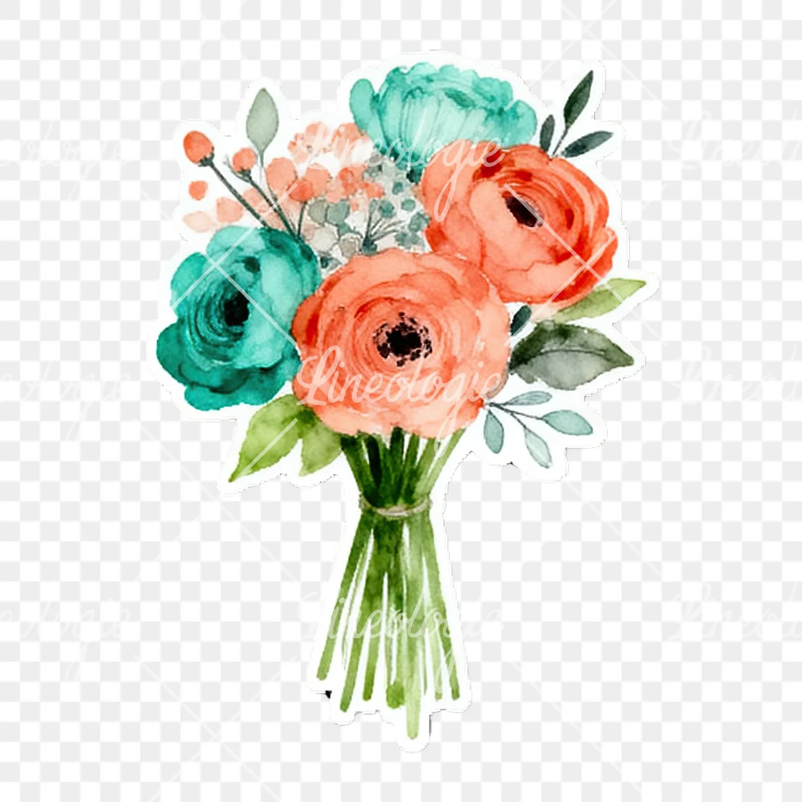 Watercolor coral and teal wedding bouquet with berries clipart 9 of 9 on a transparent background (PNG)