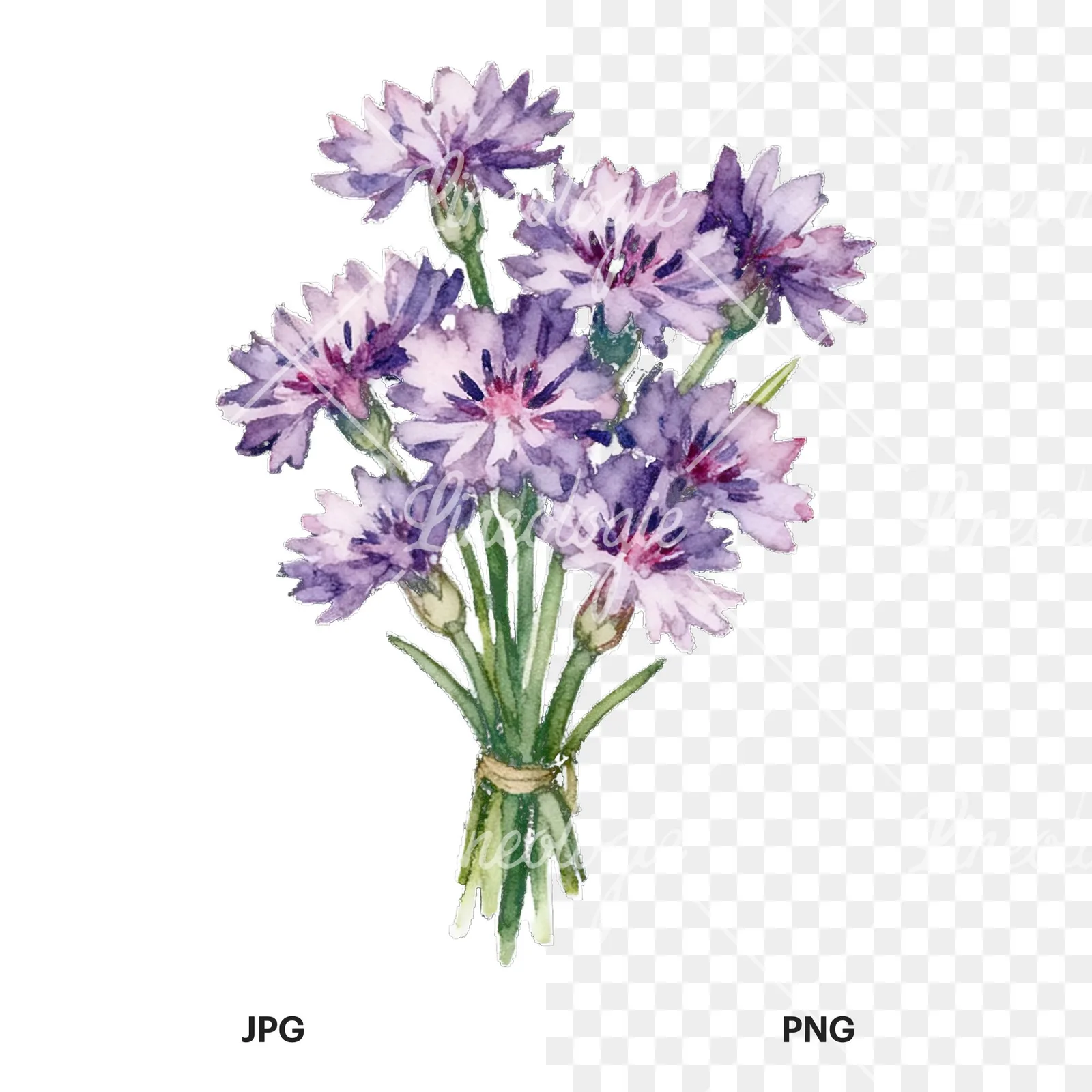 Watercolor cornflower bouquet clipart 8 of 9, as a JPG on white and a transparent PNG