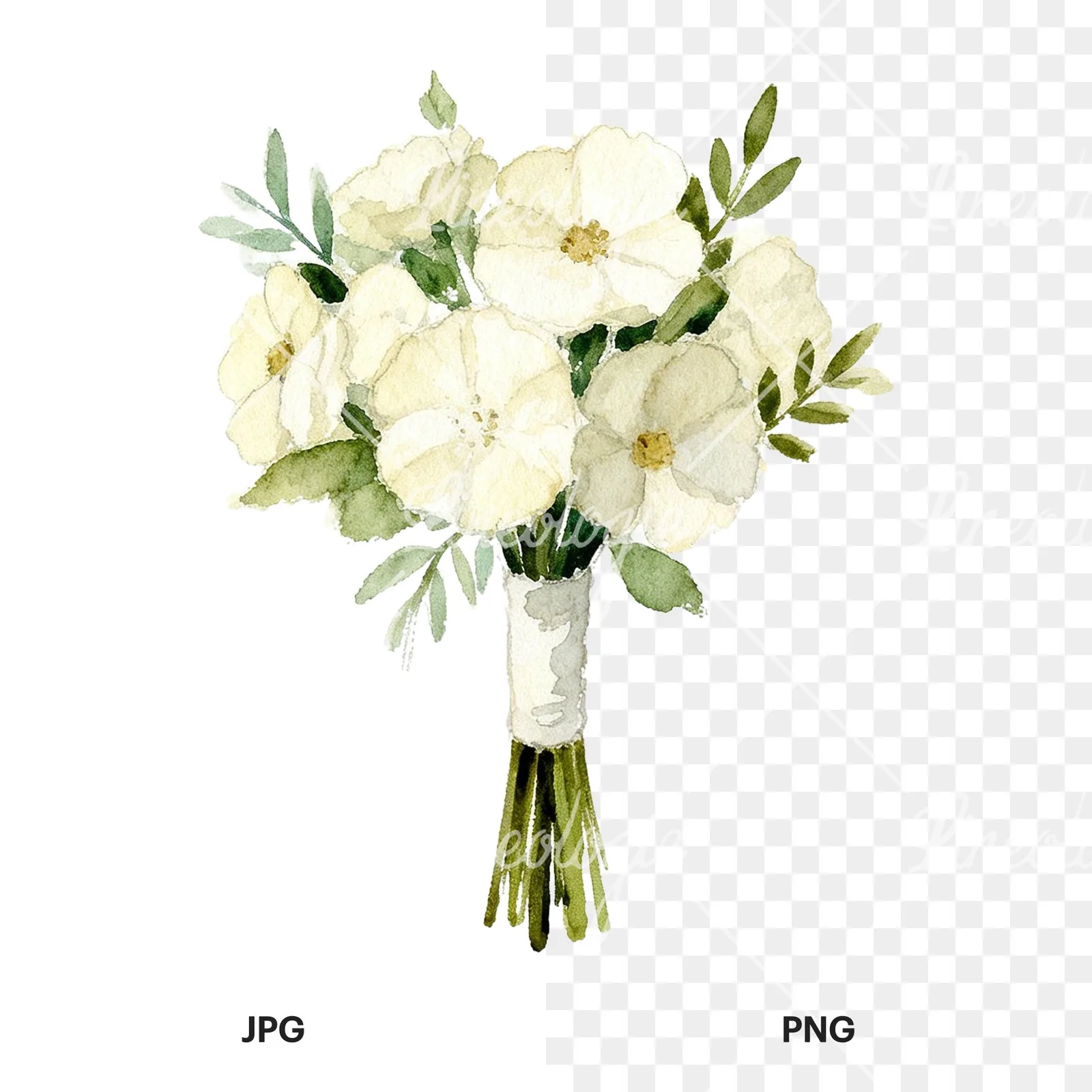 Watercolor cream and green bouquet clipart 1 of 9, as a JPG on white and a transparent PNG