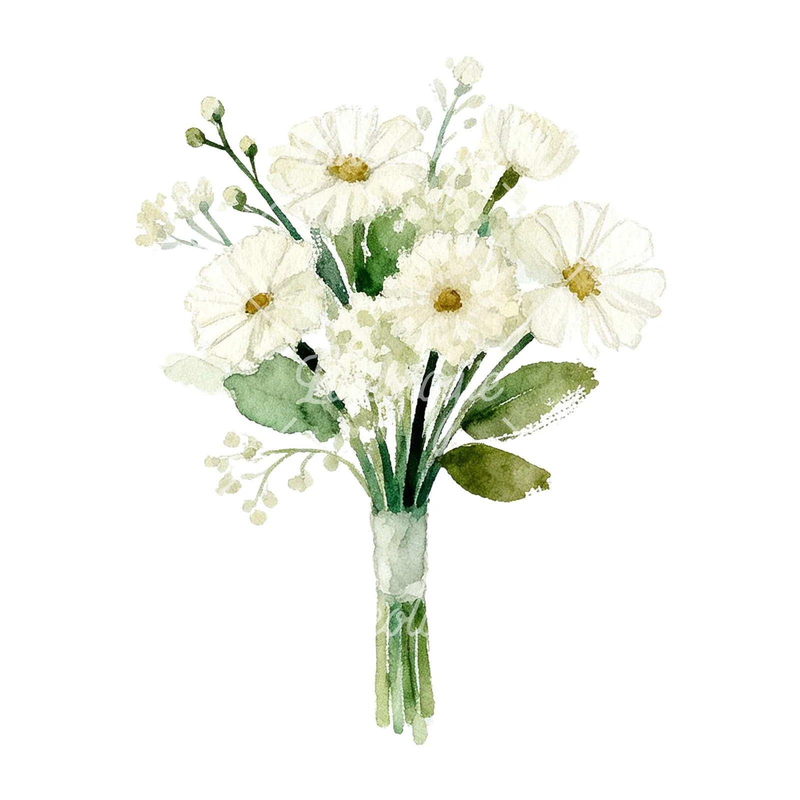 Watercolor cream and green bouquet clipart 2 of 9 on a white background (JPG)