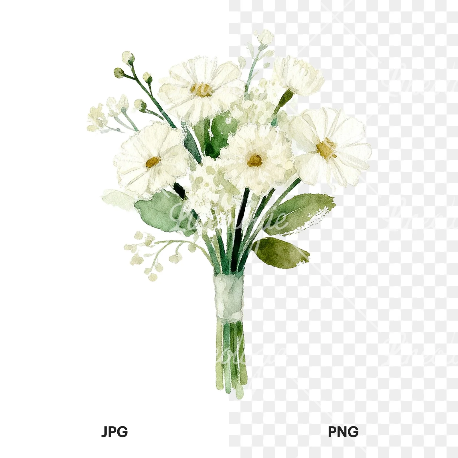 Watercolor cream and green bouquet clipart 2 of 9, as a JPG on white and a transparent PNG